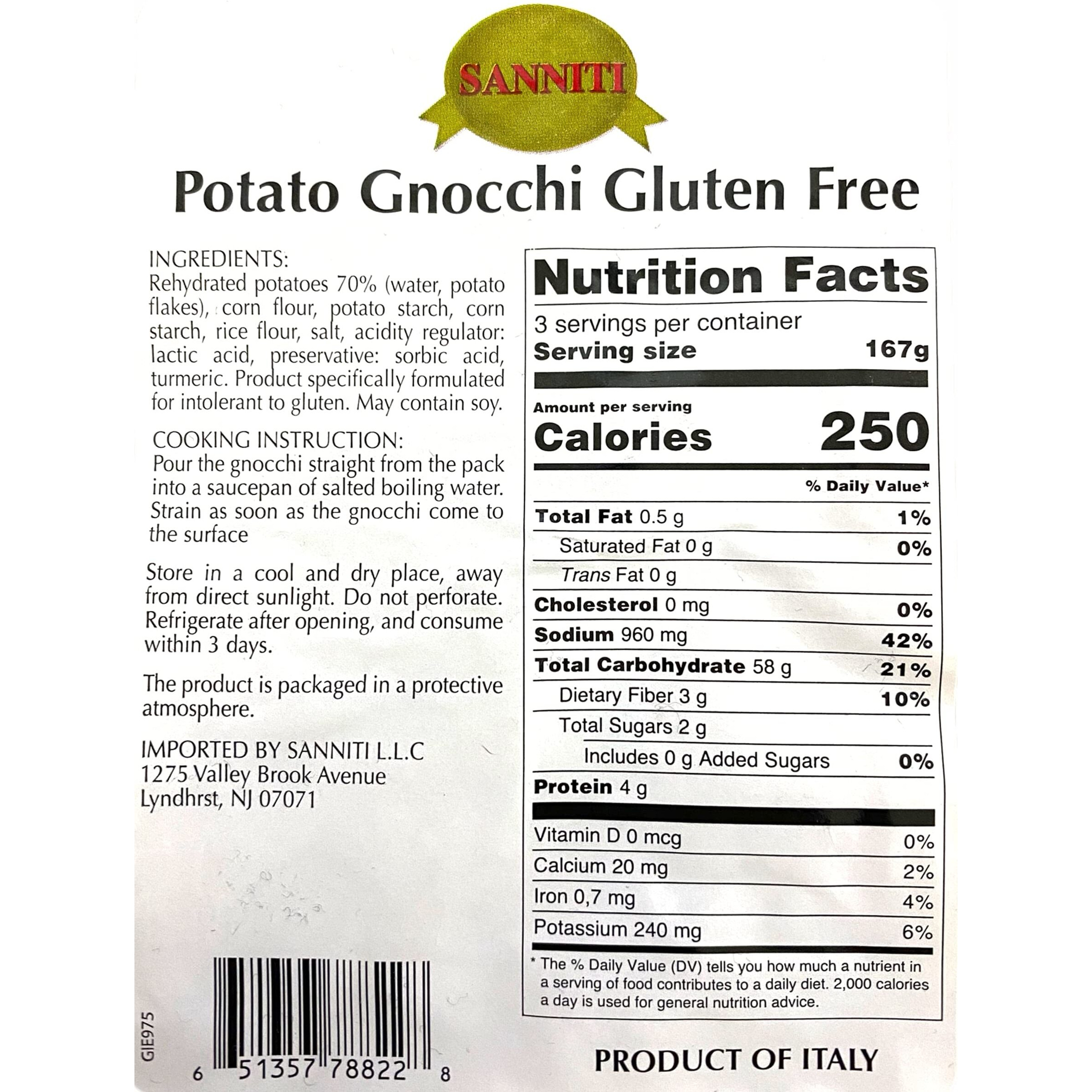 Sanniti Italian Gluten Free Potato Gnocchi, 17.5 Oz (500 G) (Pack Of 4)