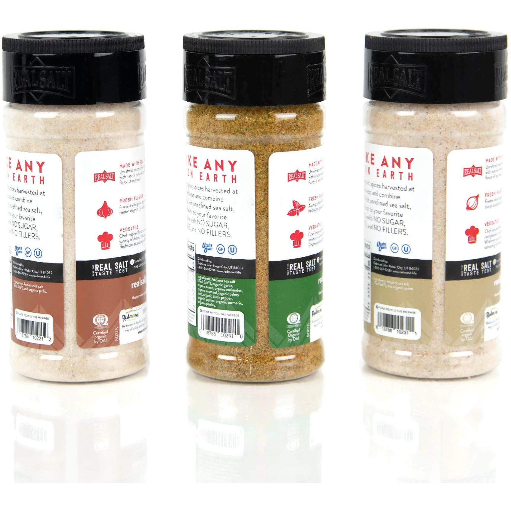 Redmond Real Sea Salt - Natural Unrefined Organic Gluten Free, Seasoning 8.25 Ounce Shaker Bundle (Onion, Season, Garlic)