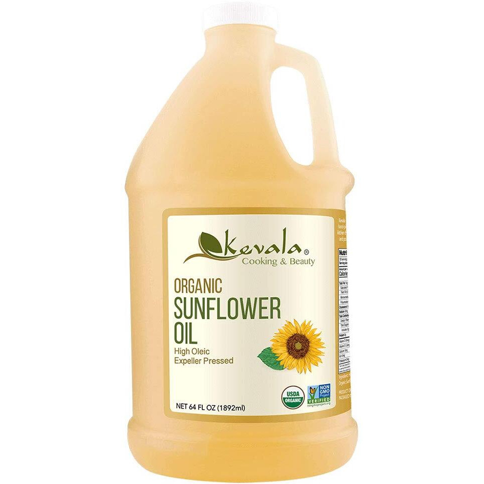 Kevala Organic Sunflower Oil - Cooking Oil, Gluten Free, Hexane Free, Non Gmo, Vegan, Kosher, No Cholesterol, Hair Oil, High In Vitamin E, 64 Oz