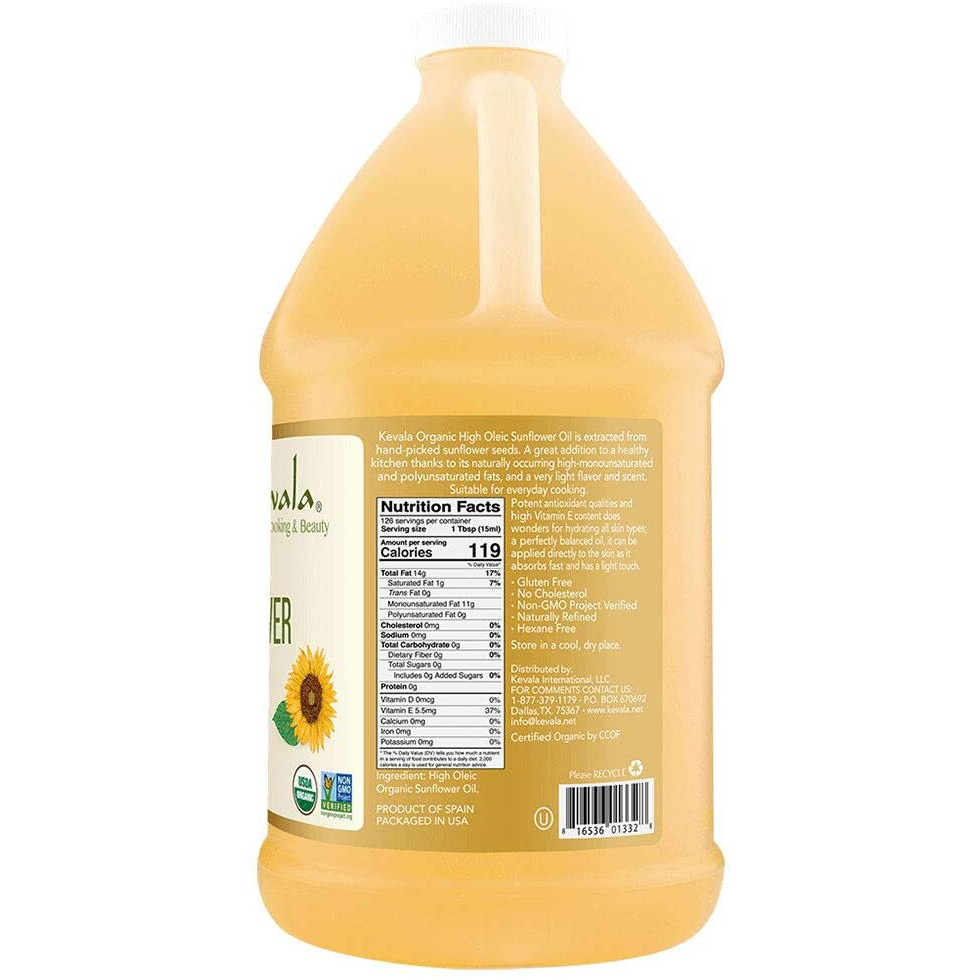Kevala Organic Sunflower Oil - Cooking Oil, Gluten Free, Hexane Free, Non Gmo, Vegan, Kosher, No Cholesterol, Hair Oil, High In Vitamin E, 64 Oz