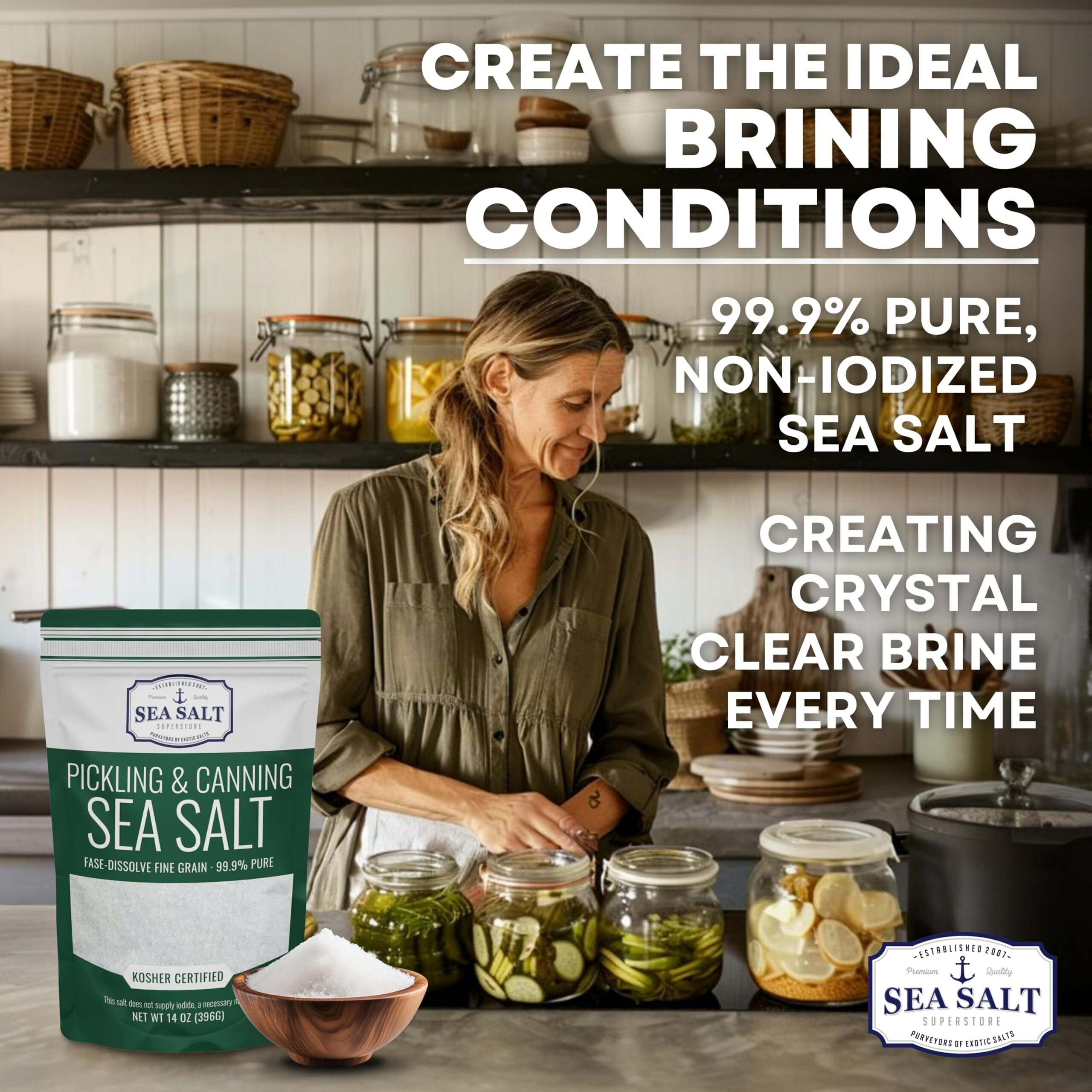 Pickling & Canning Salt, Pickling Salt & Curing Salt For Natural Preserving, Fine Sea Salt & Kosher Salt For Brining, Non-Iodized Salt, 14 Oz Bag, Sea Salt Superstore