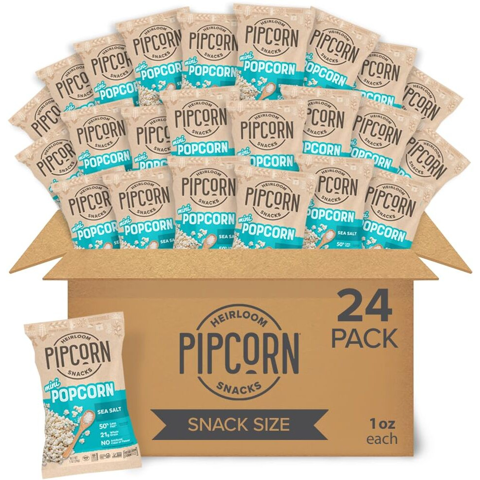 Mini Heirloom Popcorn By Pipcorn - Sea Salt,1Oz 24Pk - Healthy Snacks, Gluten Free Snacks, Snack Packs, Heirloom Corn, Salty Snacks