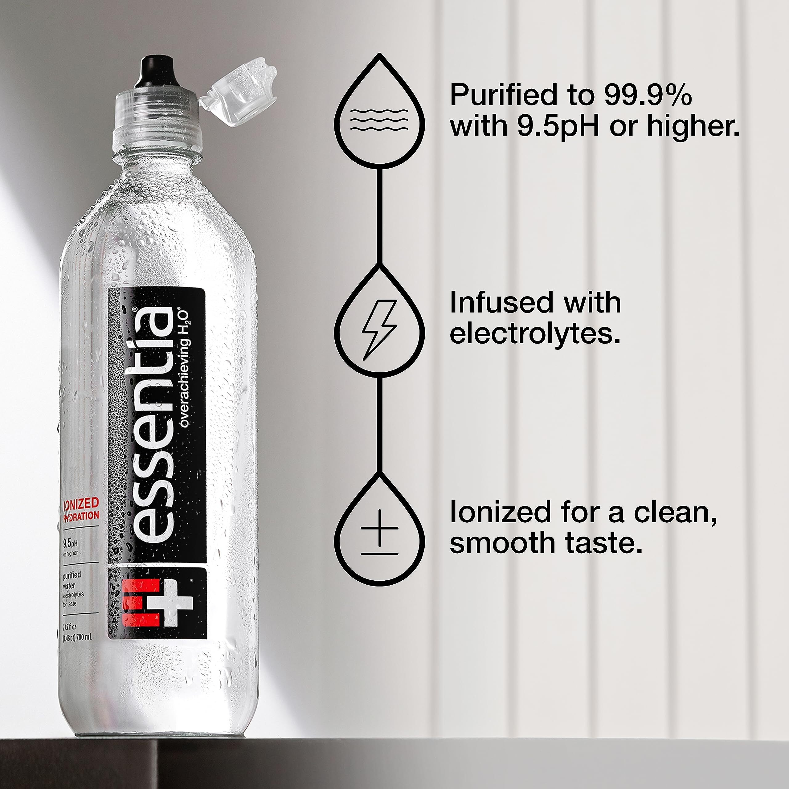 Essentia Water Llc, Ionized Alkaline Bottled Water 99.9% Pure, Infused With Electrolytes, 9.5 Ph Or Higher With A Clean, Smooth Taste, 23.67 Fl Oz (Pack Of 24)