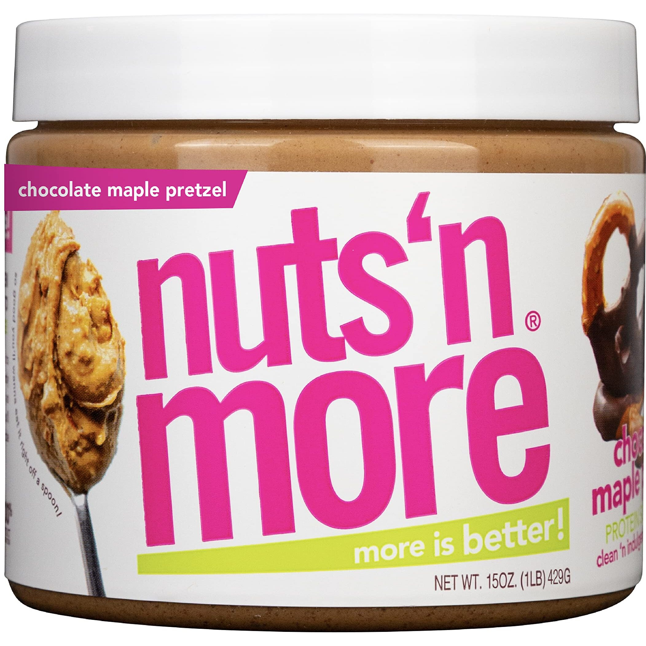 Nuts N More Chocolate Maple Pretzel Peanut Butter Spread, Added Protein All Natural Snack, Low Carb, Low Sugar, Non-Gmo, High Protein Flavored Nut Butter (15 Oz Jar)