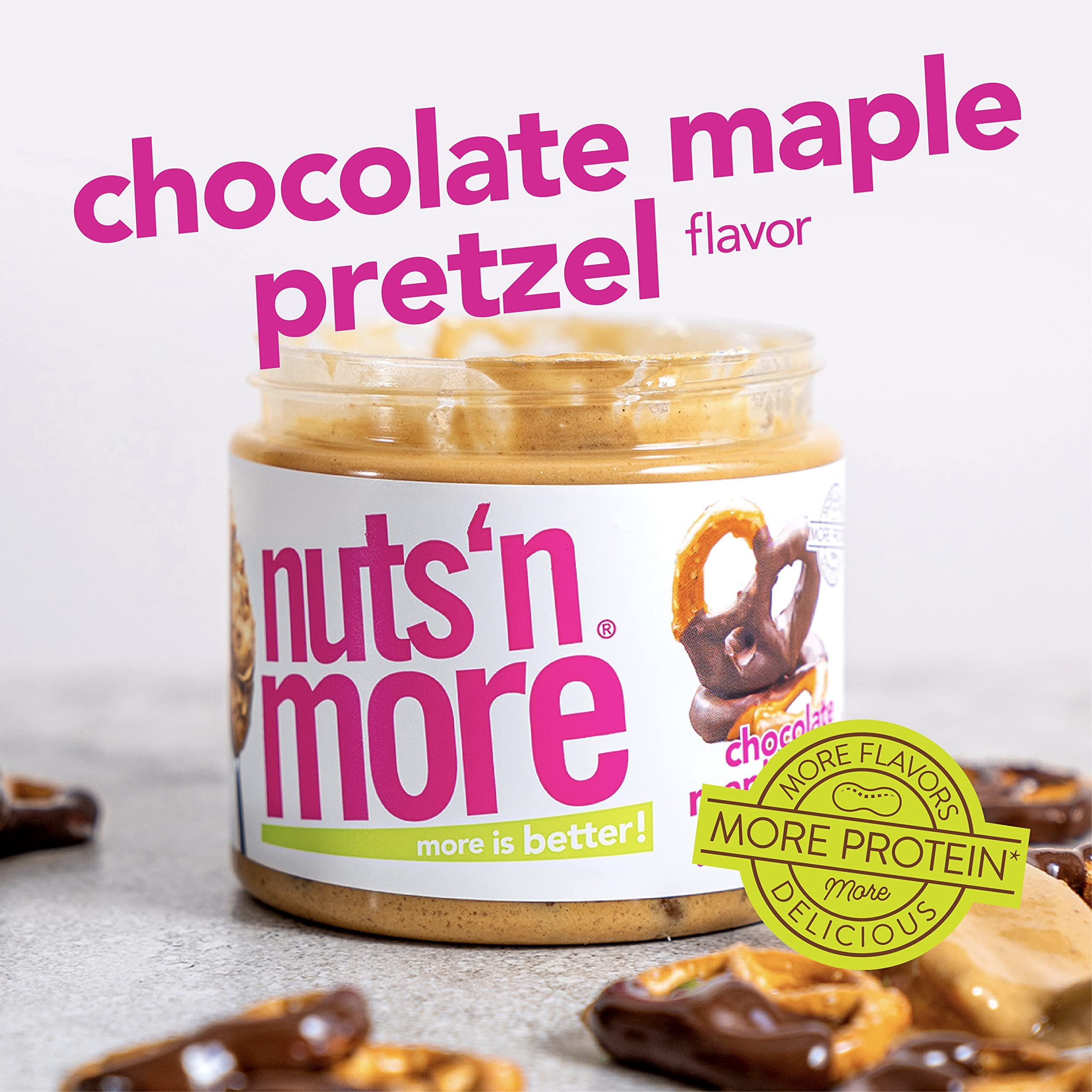 Nuts N More Chocolate Maple Pretzel Peanut Butter Spread, Added Protein All Natural Snack, Low Carb, Low Sugar, Non-Gmo, High Protein Flavored Nut Butter (15 Oz Jar)