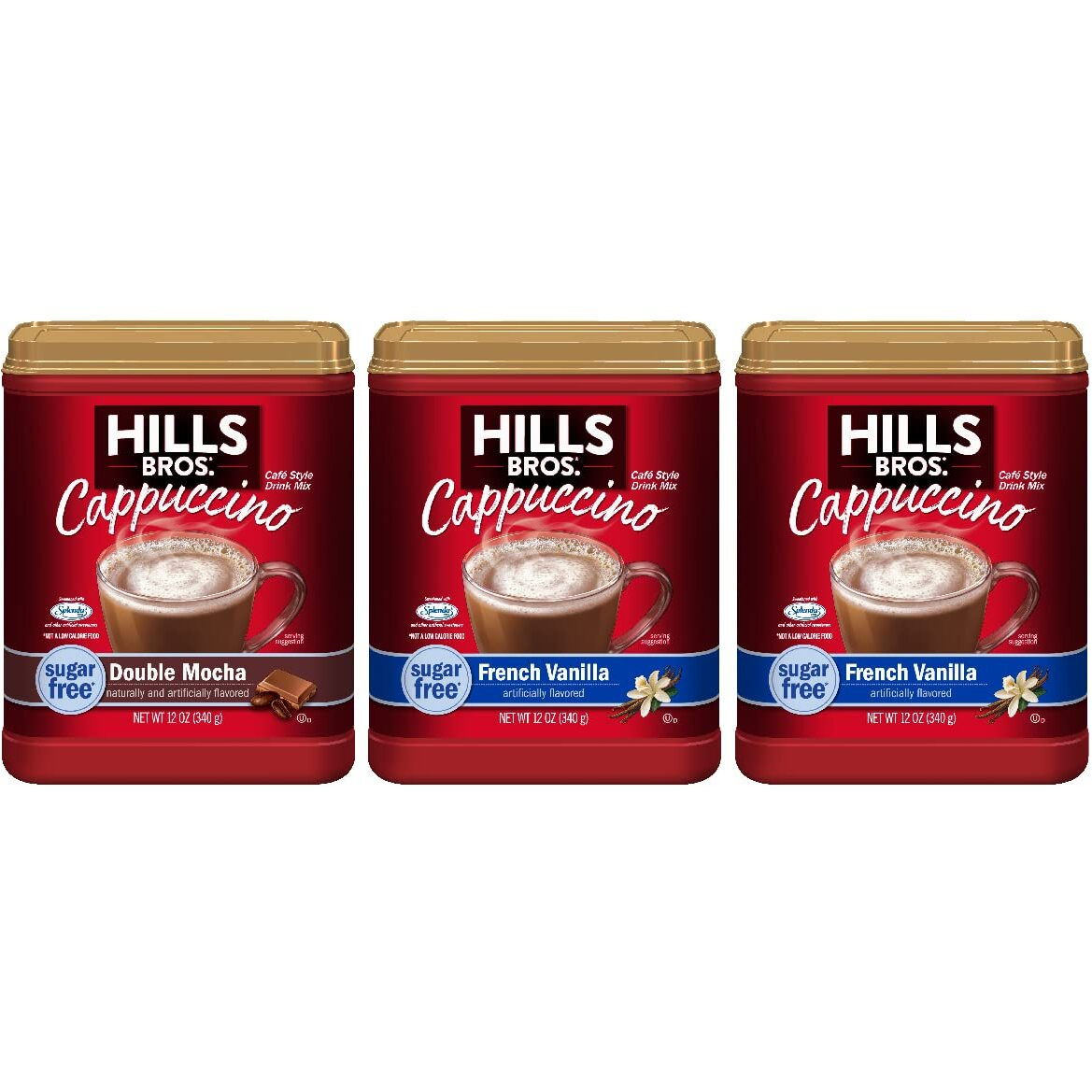 Hills Bros. Instant Cappuccino Mix, Sugar Free French Vanilla & Double Mocha Variety Pack (12 Oz, Pack Of 3) - Convenient & Versatile, Instant Hot Or Iced Coffee, Frothy & Rich Flavor - Just Add Water