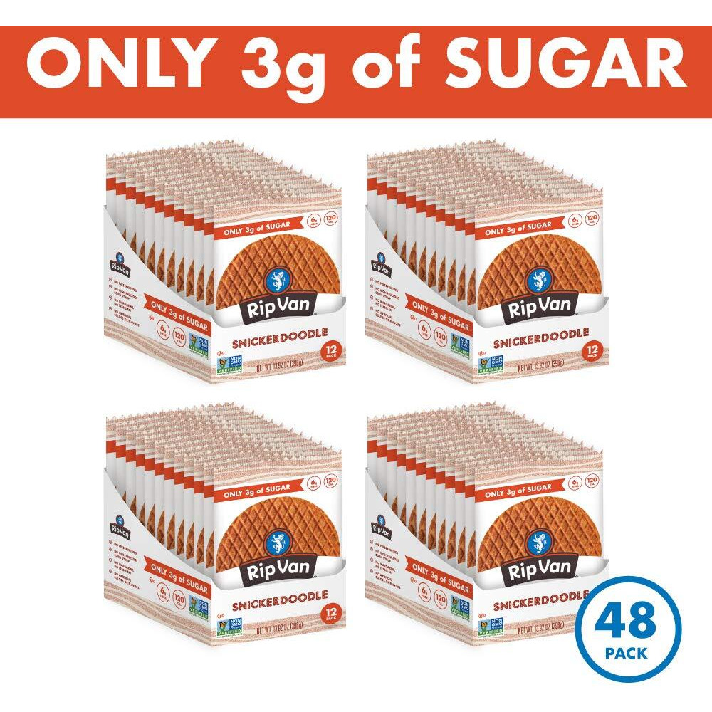 Rip Van Wafels Snickerdoodle Stroopwafels - Healthy Snacks - Non Gmo Snack - Keto Friendly - Office Snacks - Low Sugar (3G) - Low Calorie Snack - 48 Pack