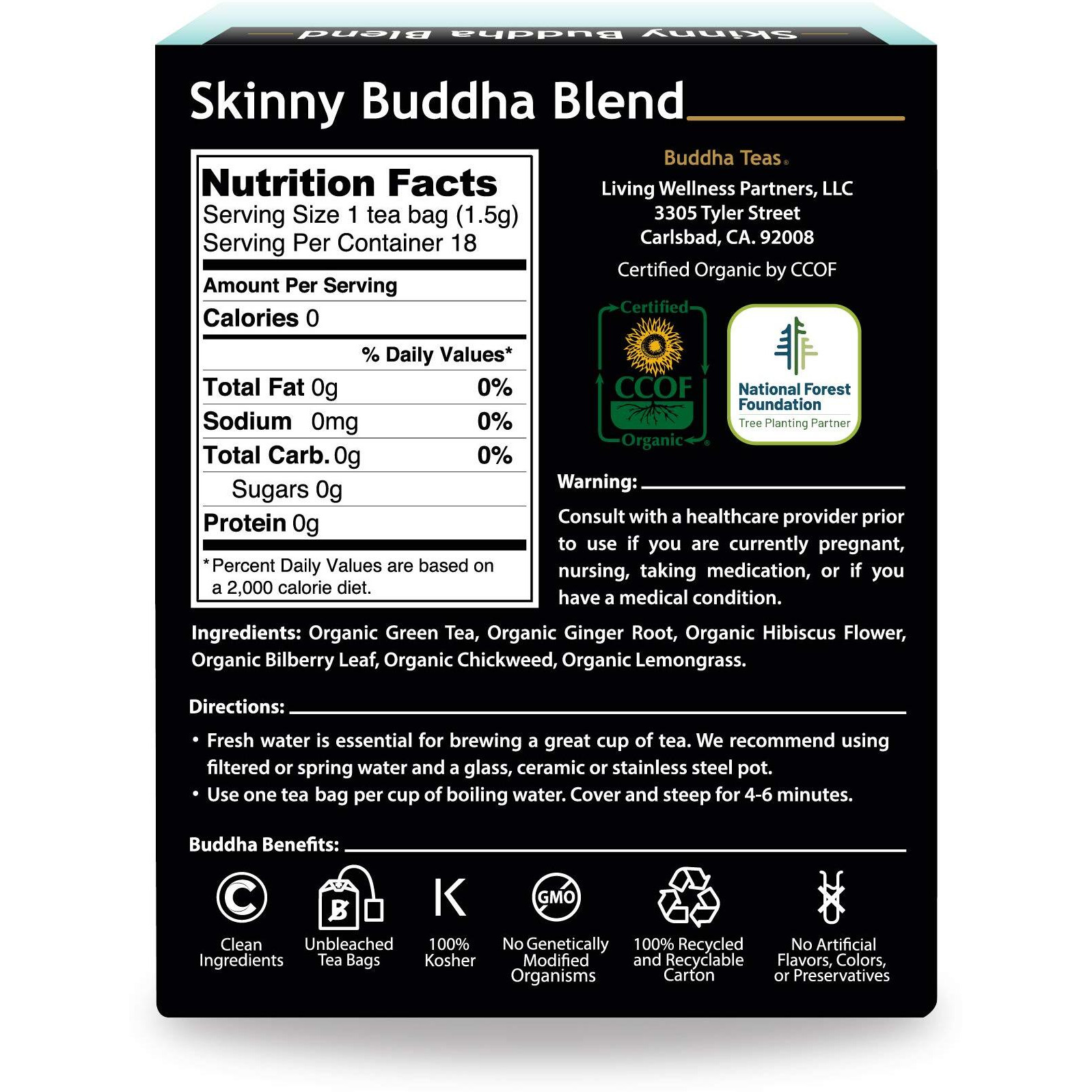 Buddha Teas Organic Skinny Buddha Blend - Ou Kosher, Usda Organic, Ccof Organic, 18 Bleach-Free Tea Bag