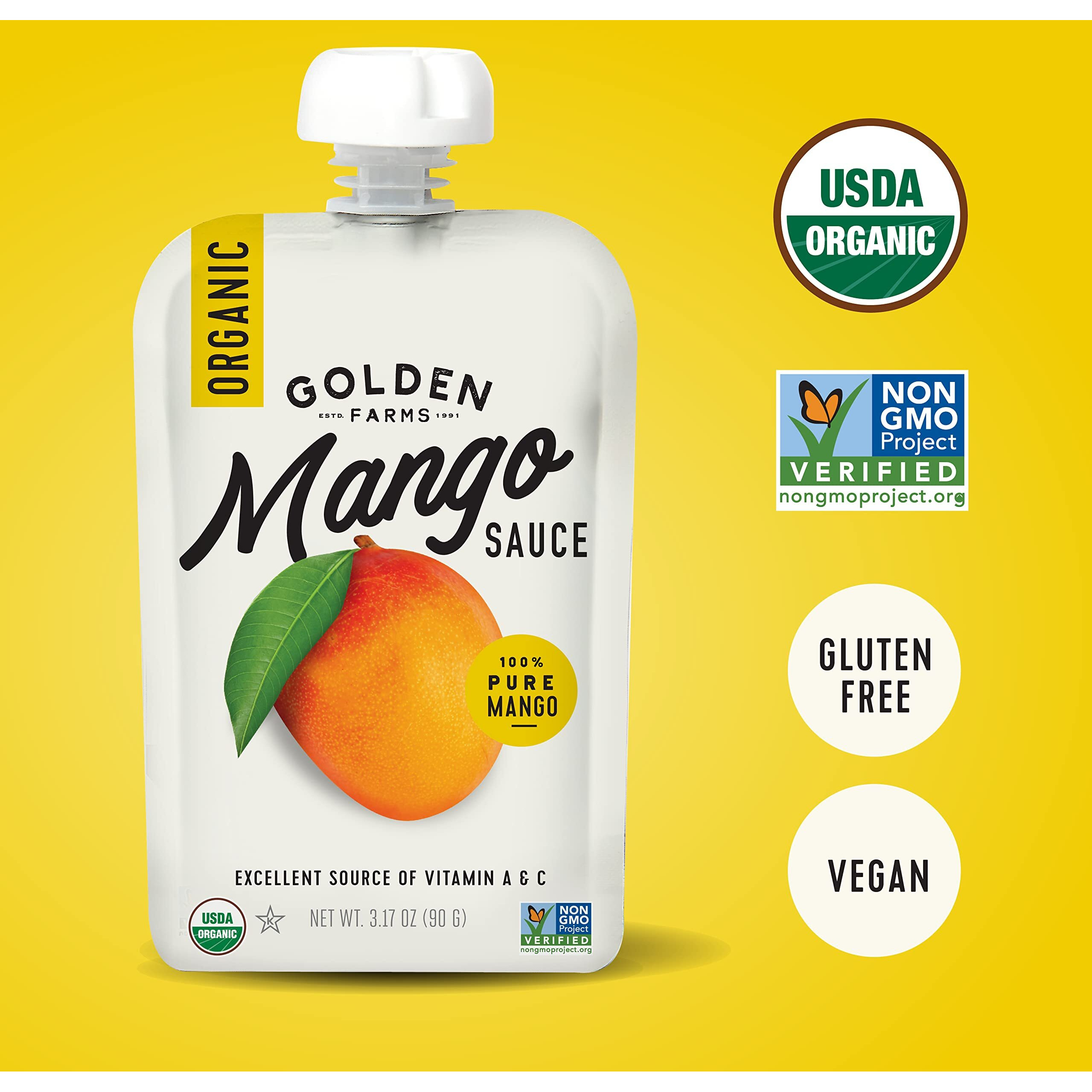 Golden Farms Mango Pouches, Single Ingredient Healthy Snacks (Pack Of 12), 100% Pure Fruit, No Added Sugar, Vegan, Gluten-Free, Kosher, Organic Squeeze Pouch 3.17Oz Each