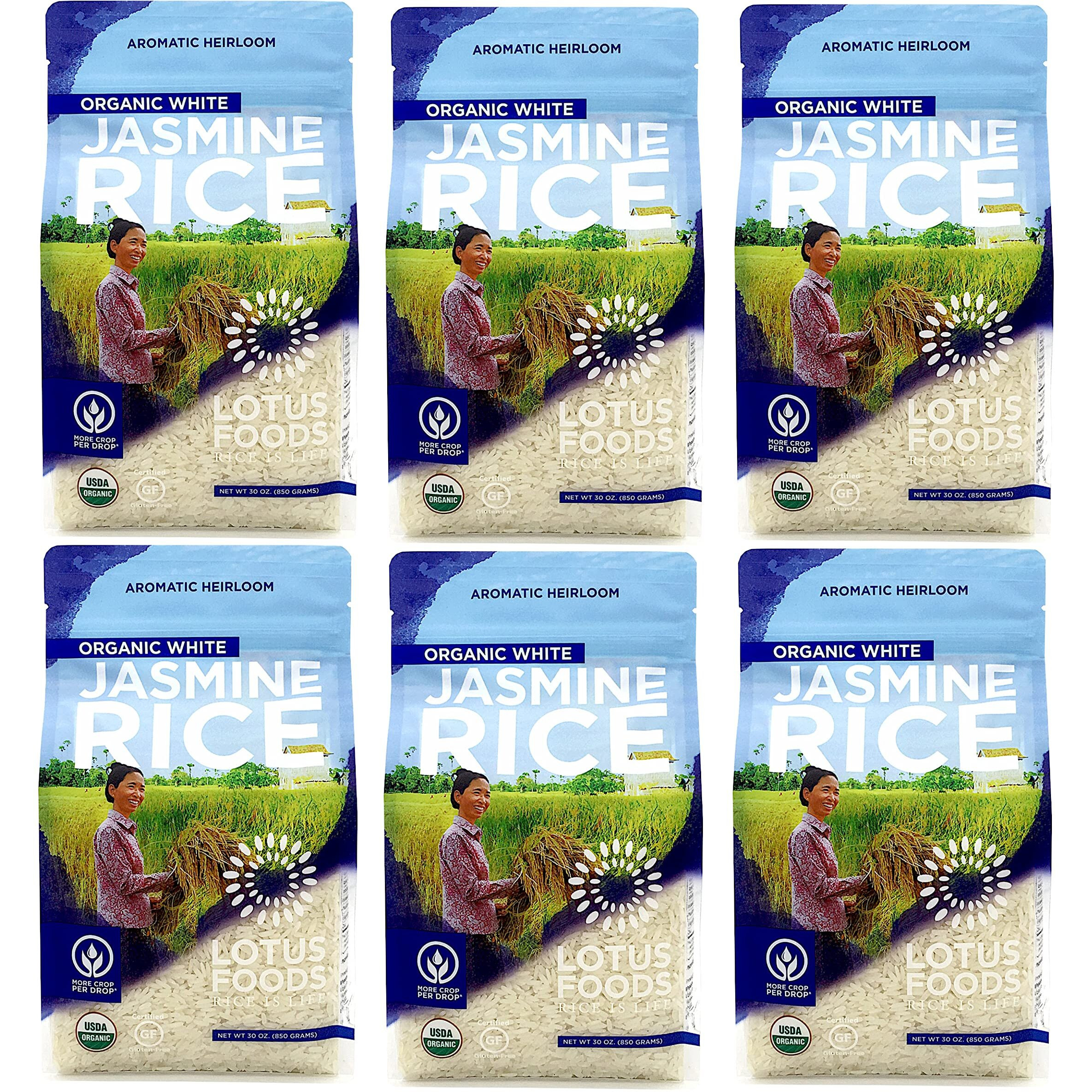 Lotus Foods Organic White Jasmine Rice - Jasmine Rice, Gluten Free White Rice, Organic Rice, Long Grain Asian Sticky Rice, Usda Organic, Vegan, Gluten Free - 30 Oz (Pack Of 6)
