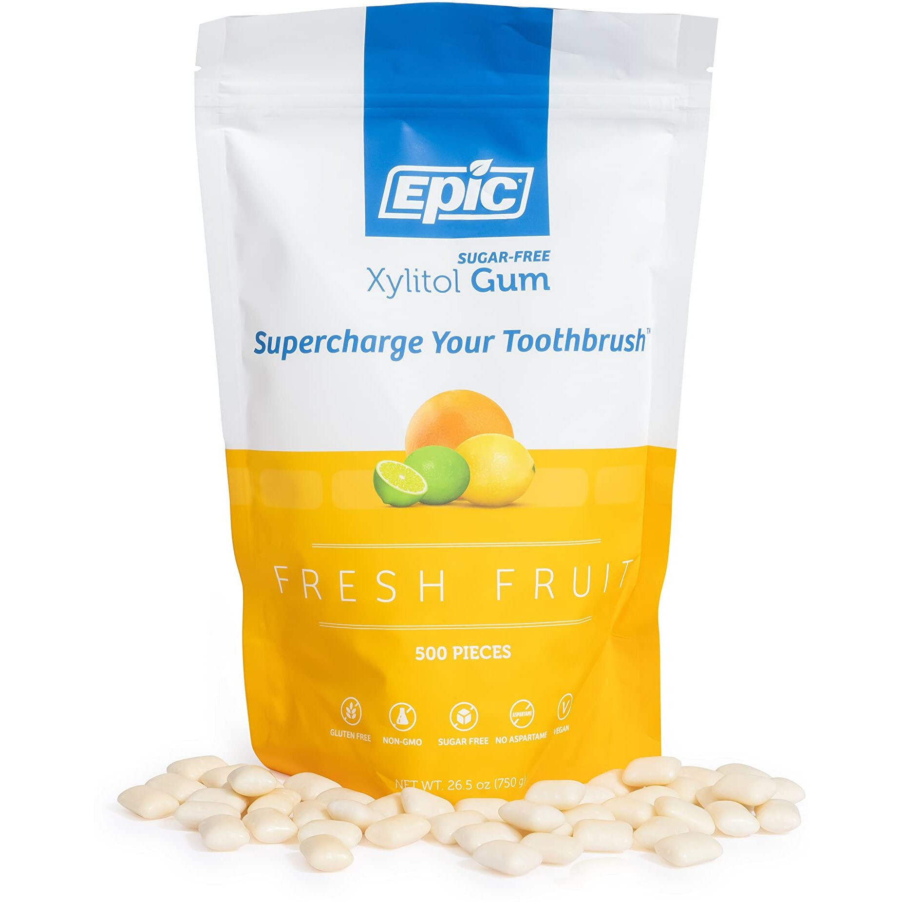 Epic Xylitol Chewing Gum - Sugar Free & Aspartame Free Chewing Gum Sweetened W/Xylitol For Dry Mouth & Gum Health (Fresh Fruit, 500-Piece Bag, 1 Bag)