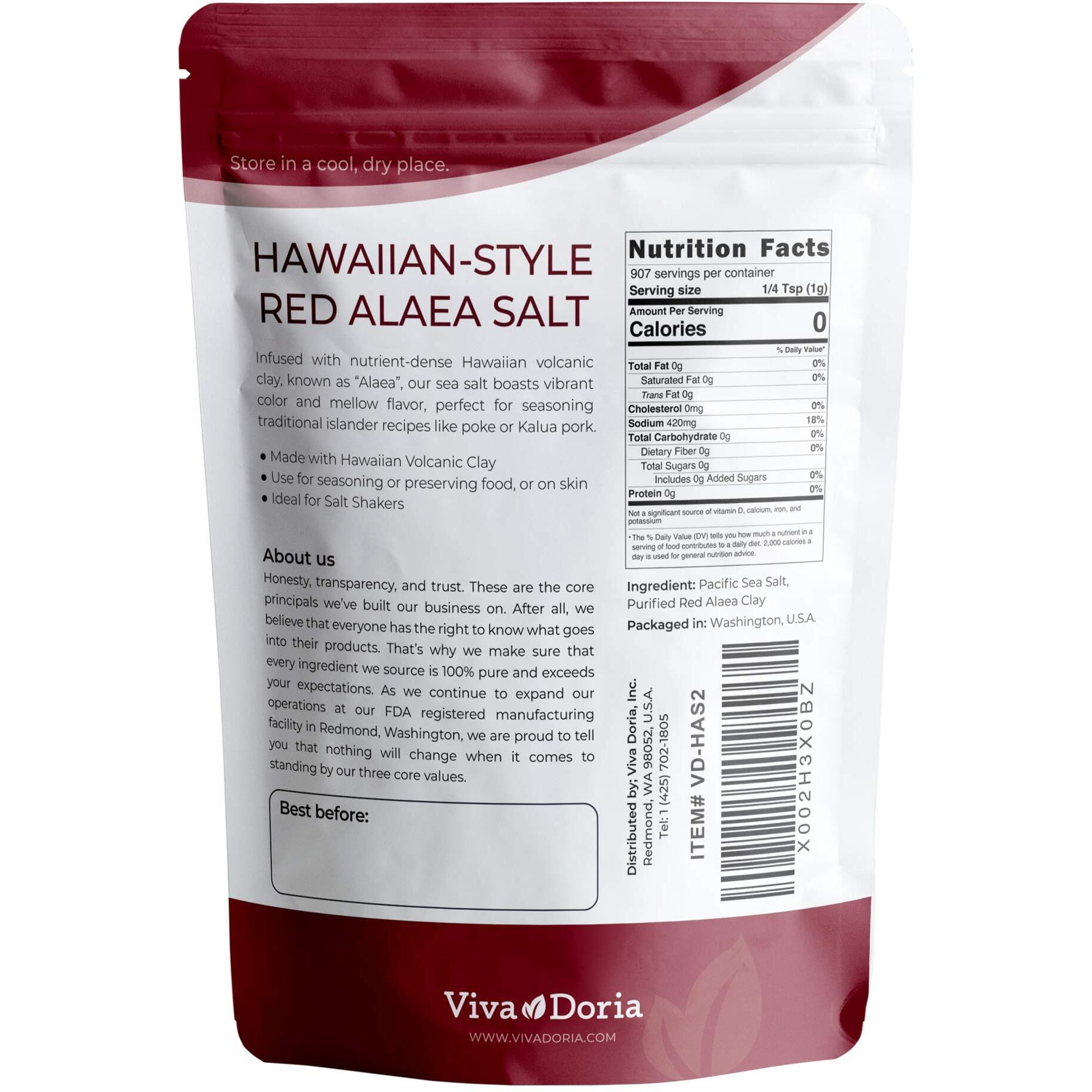 Viva Doria Hawaiian Red Alaea Sea Salt, Fine Grain, 2 Lb (907 G)