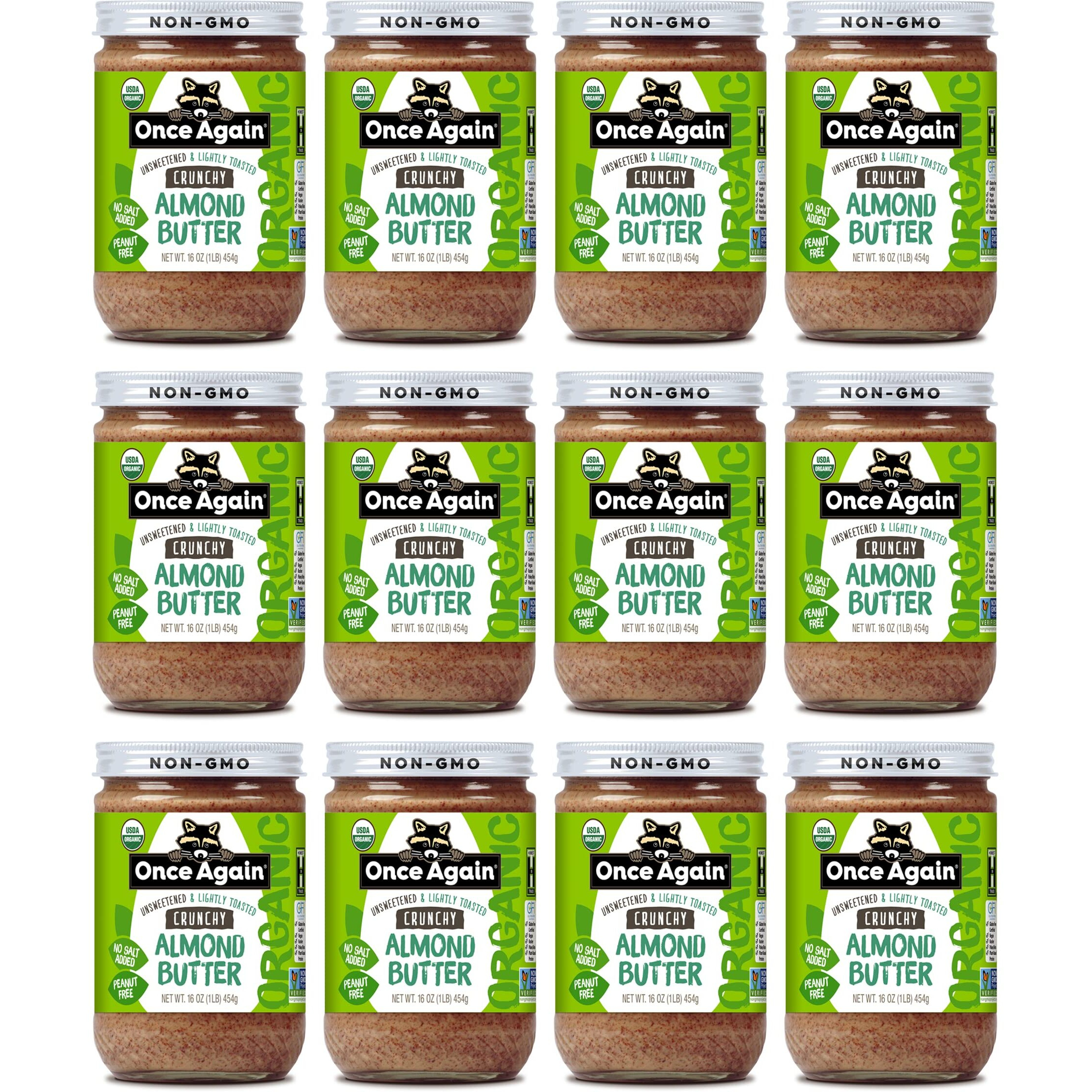 Once Again Organic Crunchy Almond Butter, 16Oz - Lightly Toasted - Salt Free, Unsweetened - Usda Organic, Gluten Free Certified, Peanut Free, Vegan, Kosher, Paleo - Glass Jar - 12 Pack