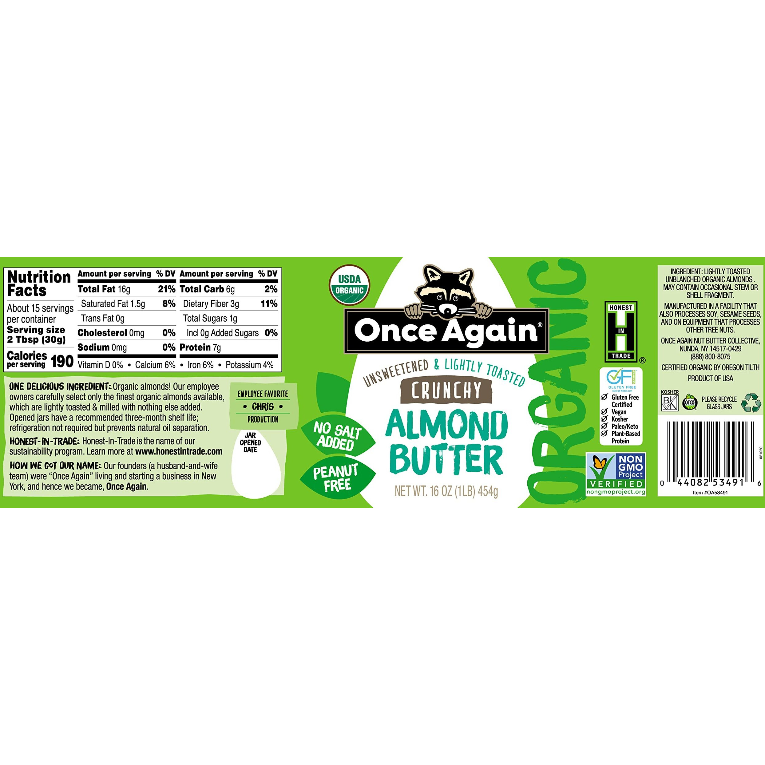 Once Again Organic Crunchy Almond Butter, 16Oz - Lightly Toasted - Salt Free, Unsweetened - Usda Organic, Gluten Free Certified, Peanut Free, Vegan, Kosher, Paleo - Glass Jar - 12 Pack