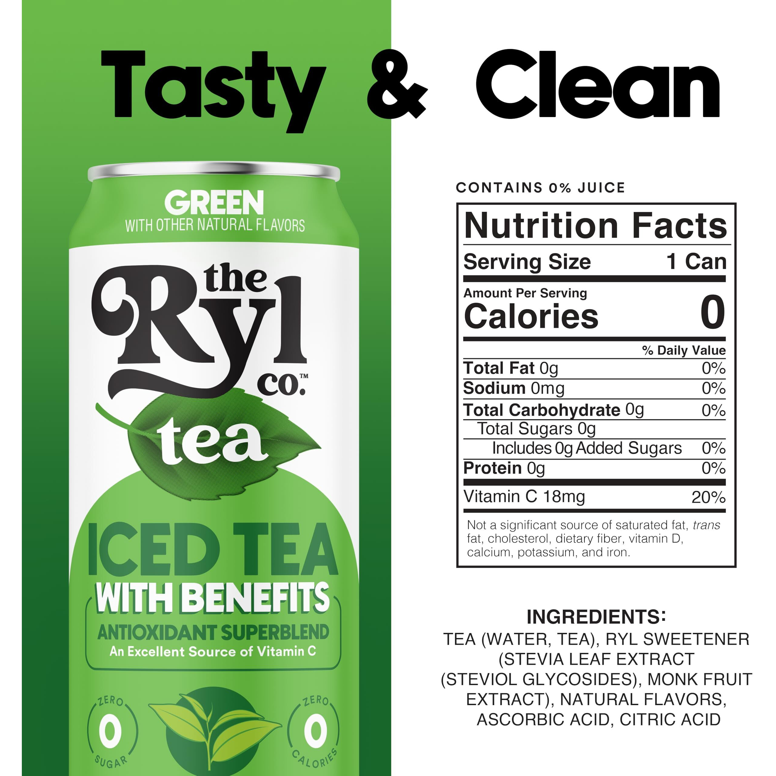 Ryl Iced Tea, Green, Antioxidant Superblend, Zero Sugar, Low Carb, Zero Calorie Iced Tea, 16.0 Fl Oz (12-Pack)