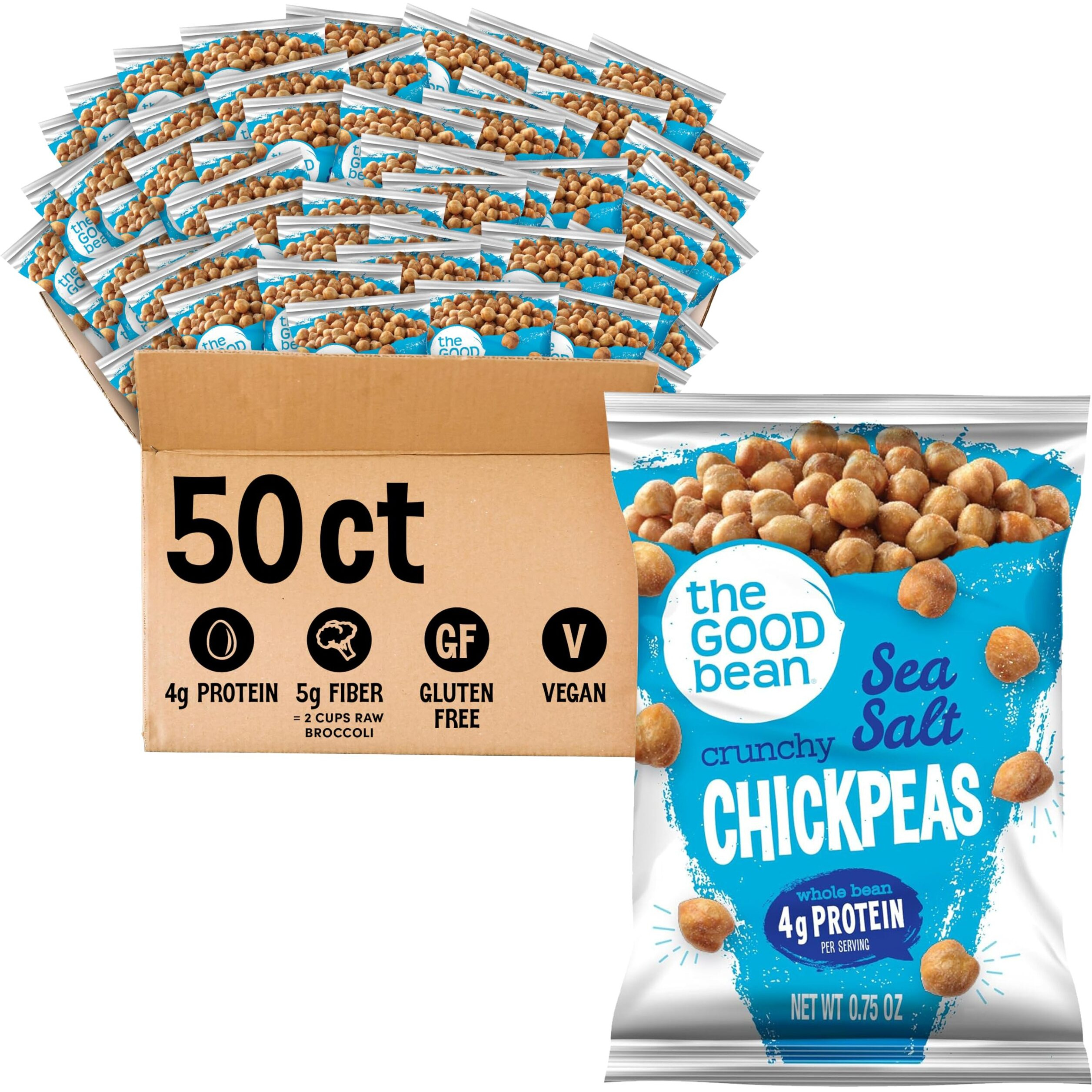 The Good Bean Crunchy Chickpeas - Sea Salt - (50 Pack) 0.75 Oz Bag - Roasted Chickpea Beans - Vegan Snack With Good Source Of Plant Protein And Fiber