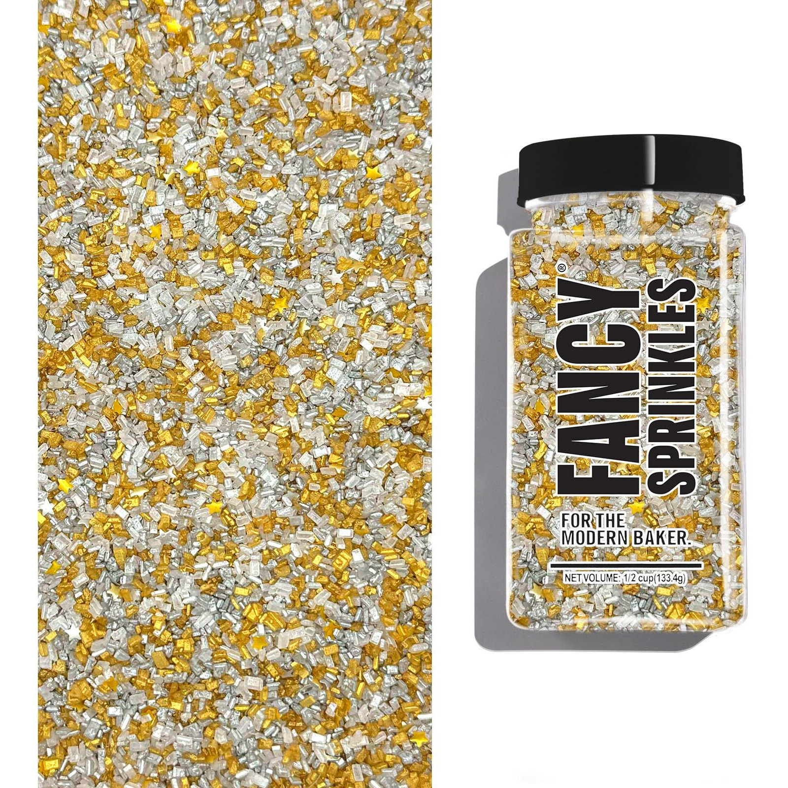 Fancy Sprinkles Filthy Rich Fancy Sugar Silver And Gold Pearlescent Sugar Crystals Flecked With Silver And Gold Mini Edible Glitter Stars (0.5C)