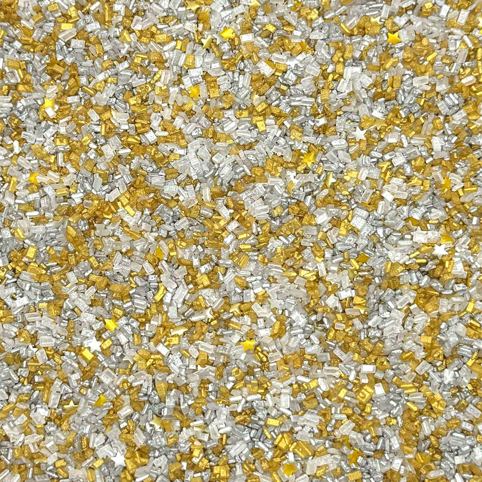 Fancy Sprinkles Filthy Rich Fancy Sugar Silver And Gold Pearlescent Sugar Crystals Flecked With Silver And Gold Mini Edible Glitter Stars (0.5C)