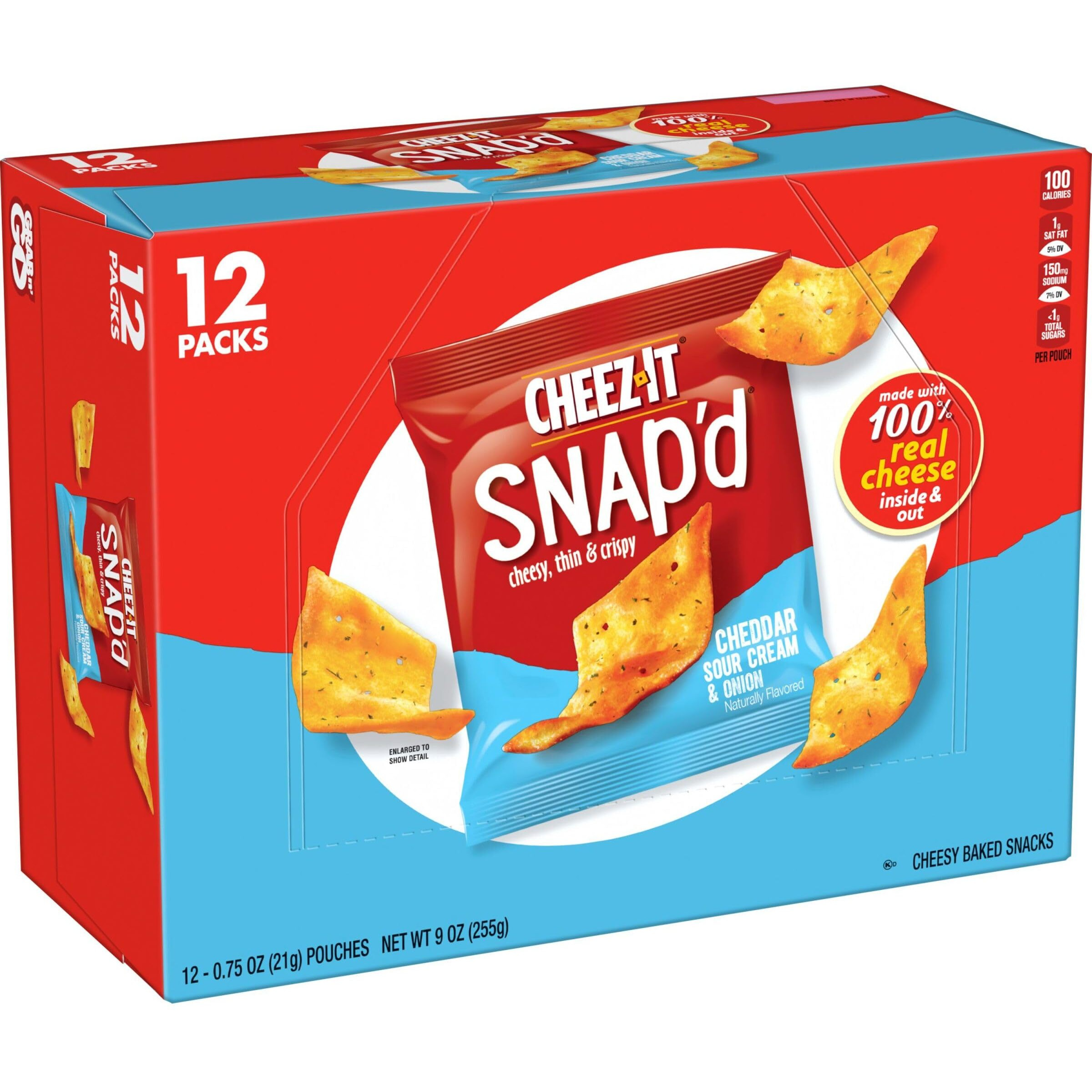 Cheez-It Snap'D Cheese Cracker Chips, Thin Crisps, Lunch Snacks, Cheddar Sour Cream And Onion, 9Oz Box (12 Pouches)