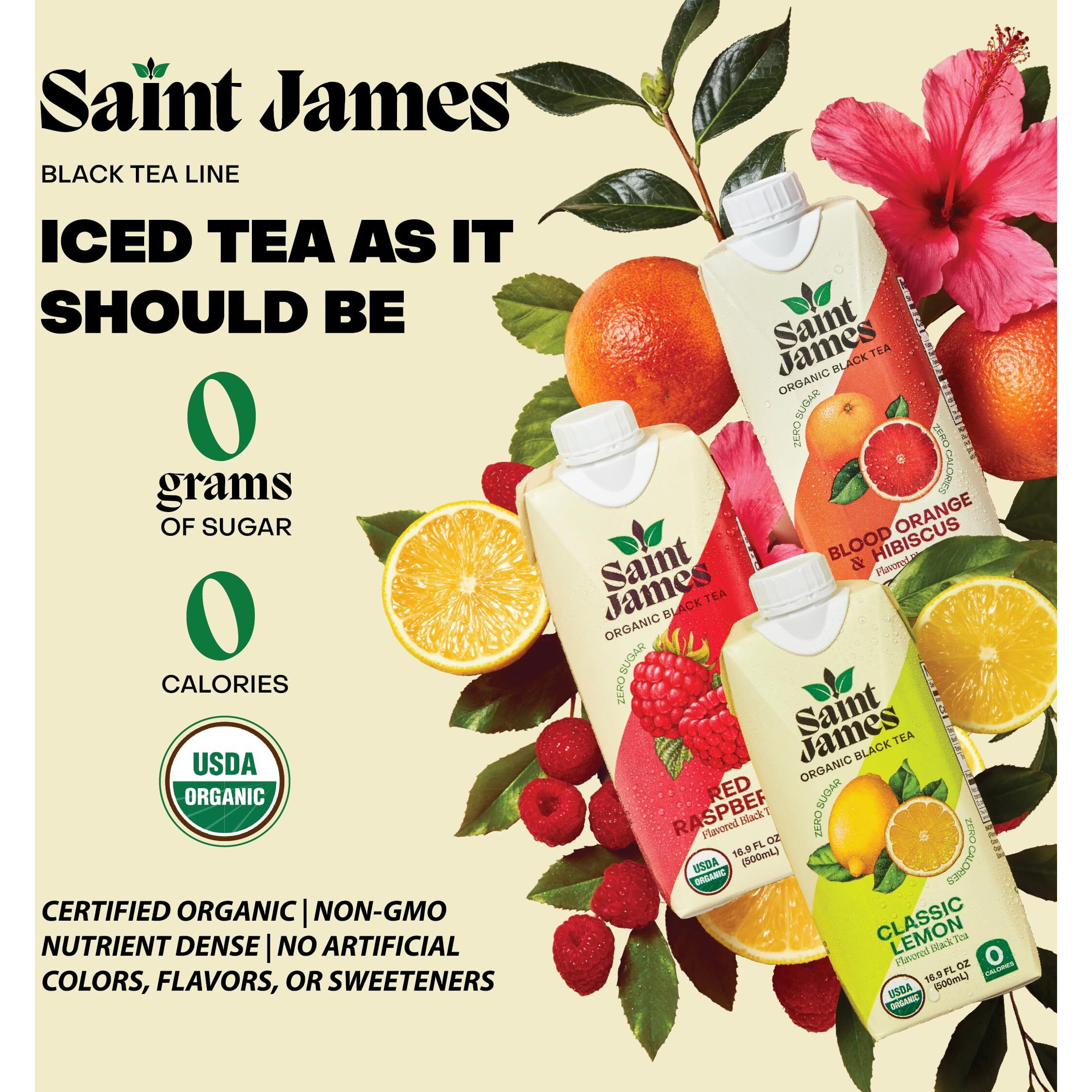 Saint James Iced Tea | Organic Black Tea | Organic, Non-Gmo Black Tea, 12 Pack (16.9Oz Each) (Red Raspberry)