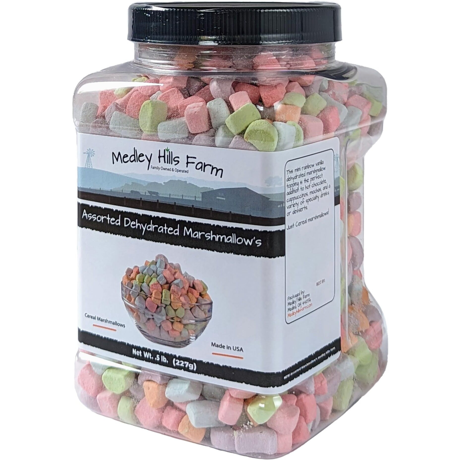 Assorted Dehydrated Marshmallows In Reusable Container By Medley Hills Farm - Dehydrated Marshmallow Bits - Cereal Marshmallows - Perfect Mini Marshmallows For Hot Chocolate