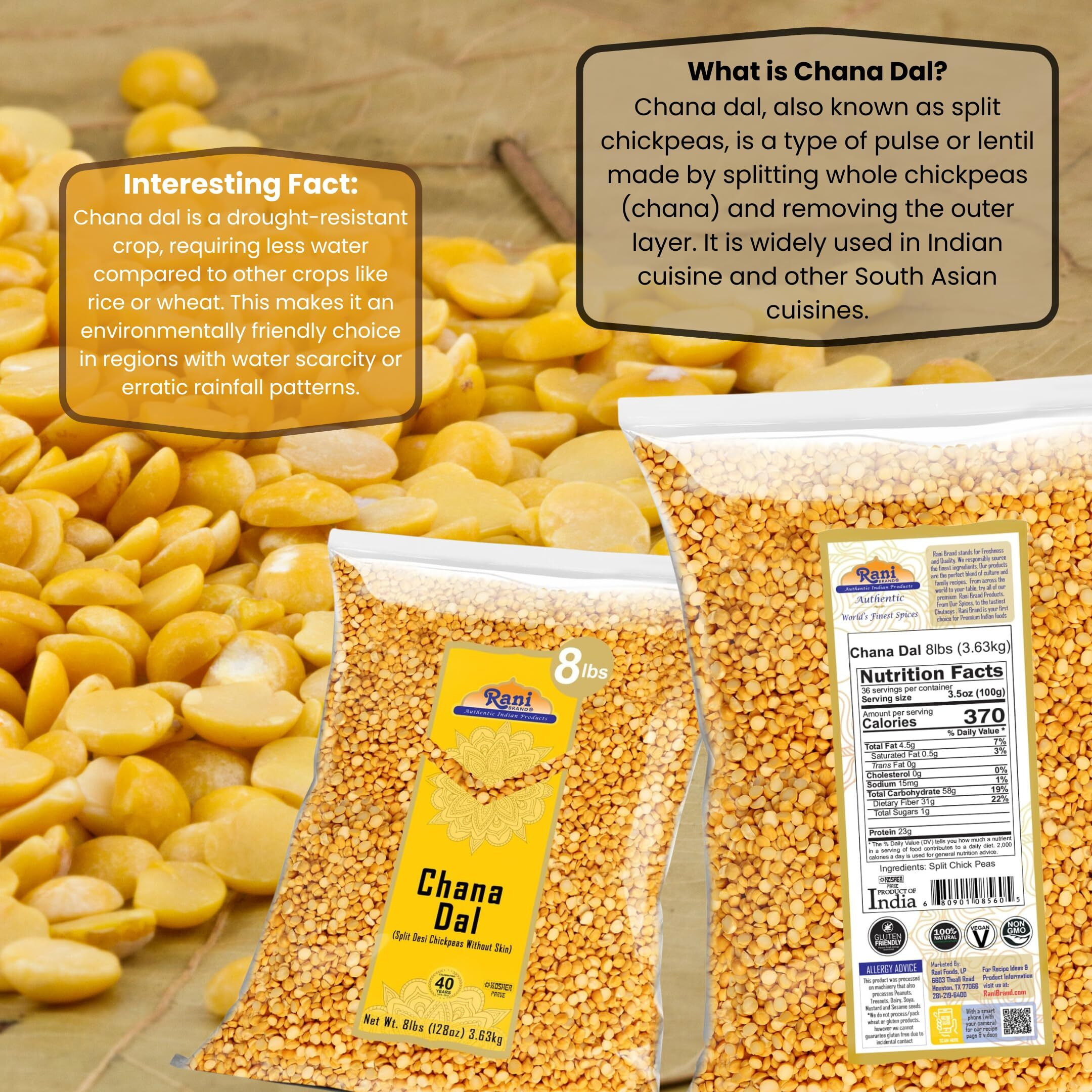 Rani Chana Dal (Split Desi Chickpeas Without Skin) 128Oz (8Lbs) 3.63Kg Bulk ~ All Natural | Gluten Friendly | Non-Gmo | Kosher | Vegan | Indian Origin