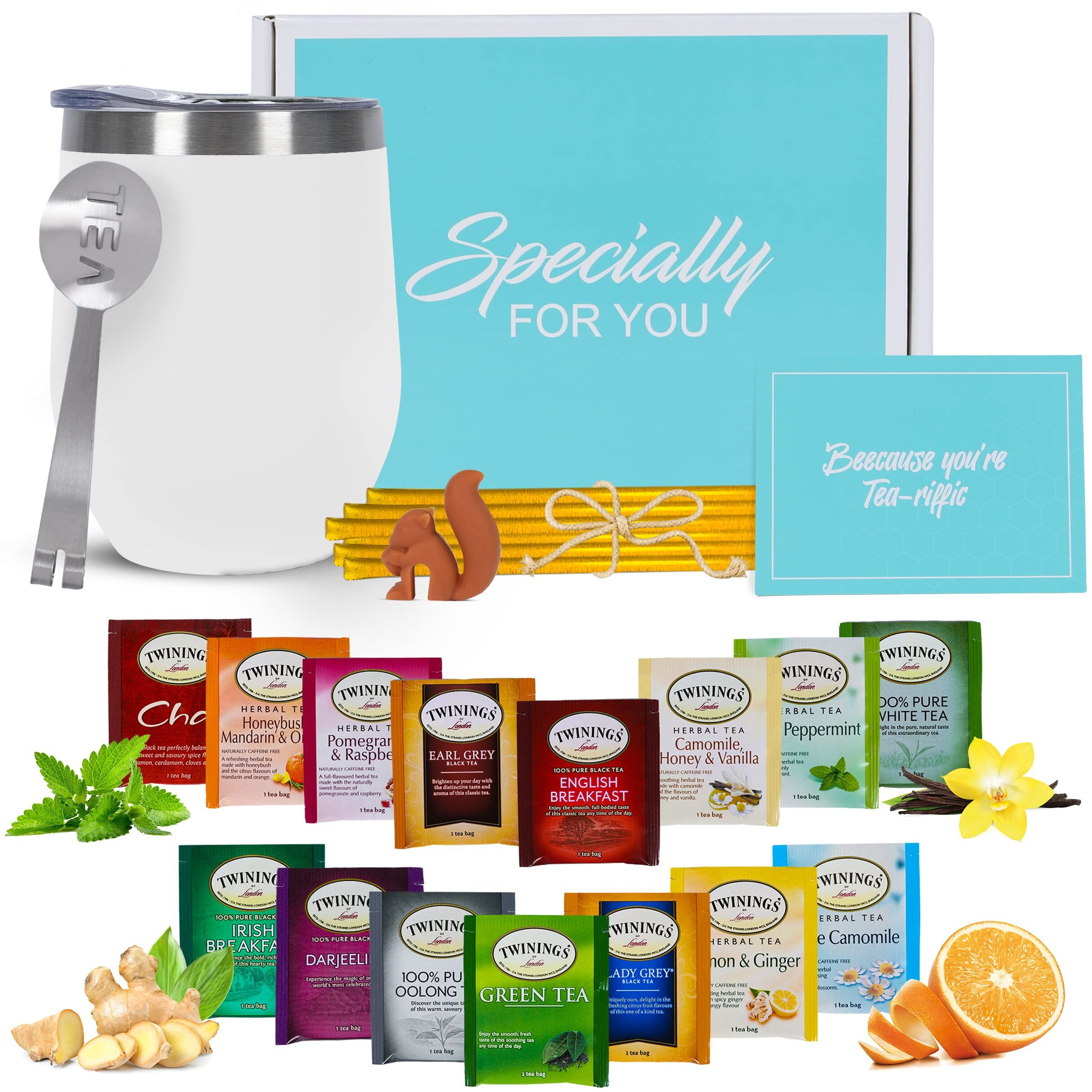 Tea Gift Sets For Tea Lovers Women And Men | Tea Gifts | Tea Gift Set | Tea Sets For Women | Stainless Steel Tumbler | 15 Unique Teas | 10 Honey Straws | Gift Box Tea Set (White)