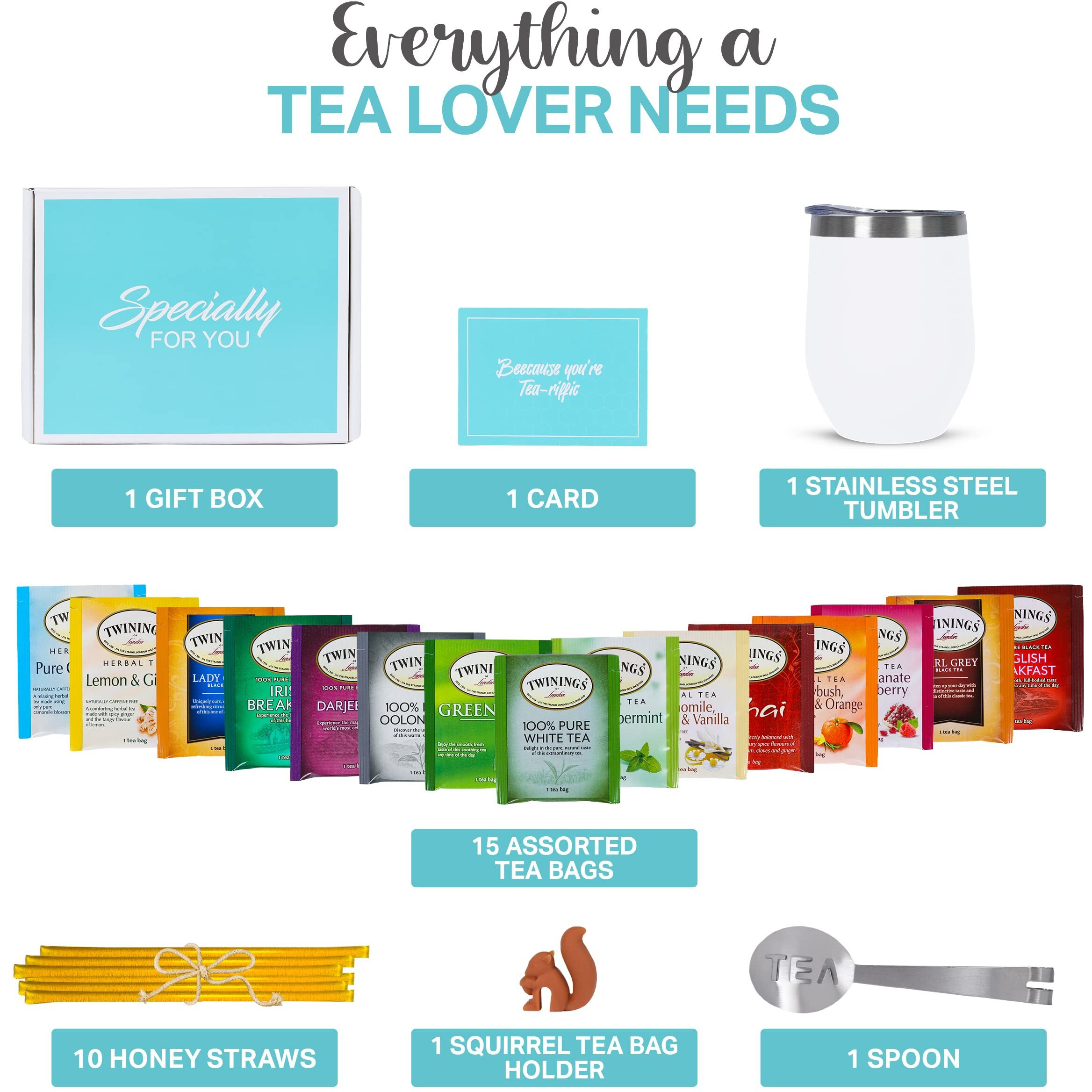 Tea Gift Sets For Tea Lovers Women And Men | Tea Gifts | Tea Gift Set | Tea Sets For Women | Stainless Steel Tumbler | 15 Unique Teas | 10 Honey Straws | Gift Box Tea Set (White)