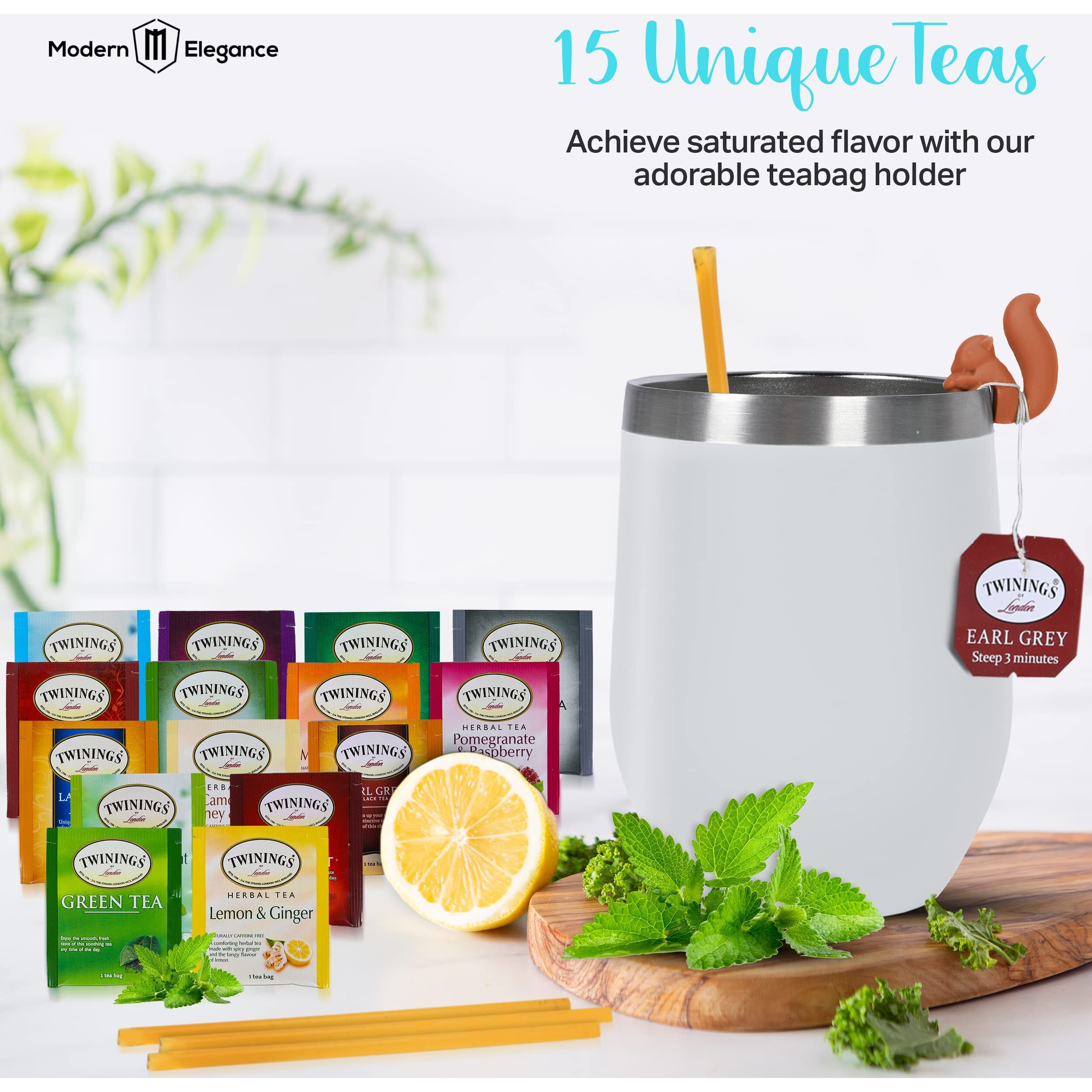 Tea Gift Sets For Tea Lovers Women And Men | Tea Gifts | Tea Gift Set | Tea Sets For Women | Stainless Steel Tumbler | 15 Unique Teas | 10 Honey Straws | Gift Box Tea Set (White)
