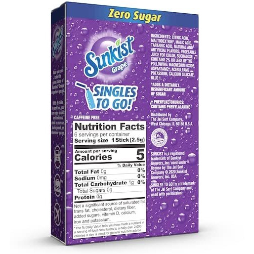 Sunkist Singles To Go Drink Mix Grape, 6 Boxes With 6 Packets Each -36 Total Servings