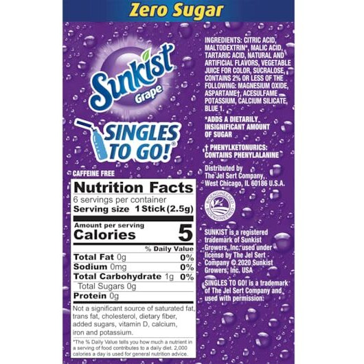 Sunkist Singles To Go Drink Mix Grape, 6 Boxes With 6 Packets Each -36 Total Servings