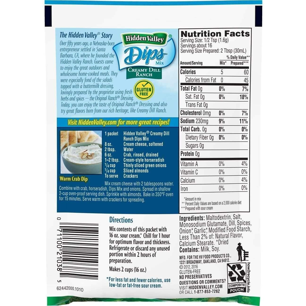 Hidden Valley Ranch Dip And Salad Dressing Mix .9 - 1.1Oz Packs (Pack Of 12) (Creamy Dill)