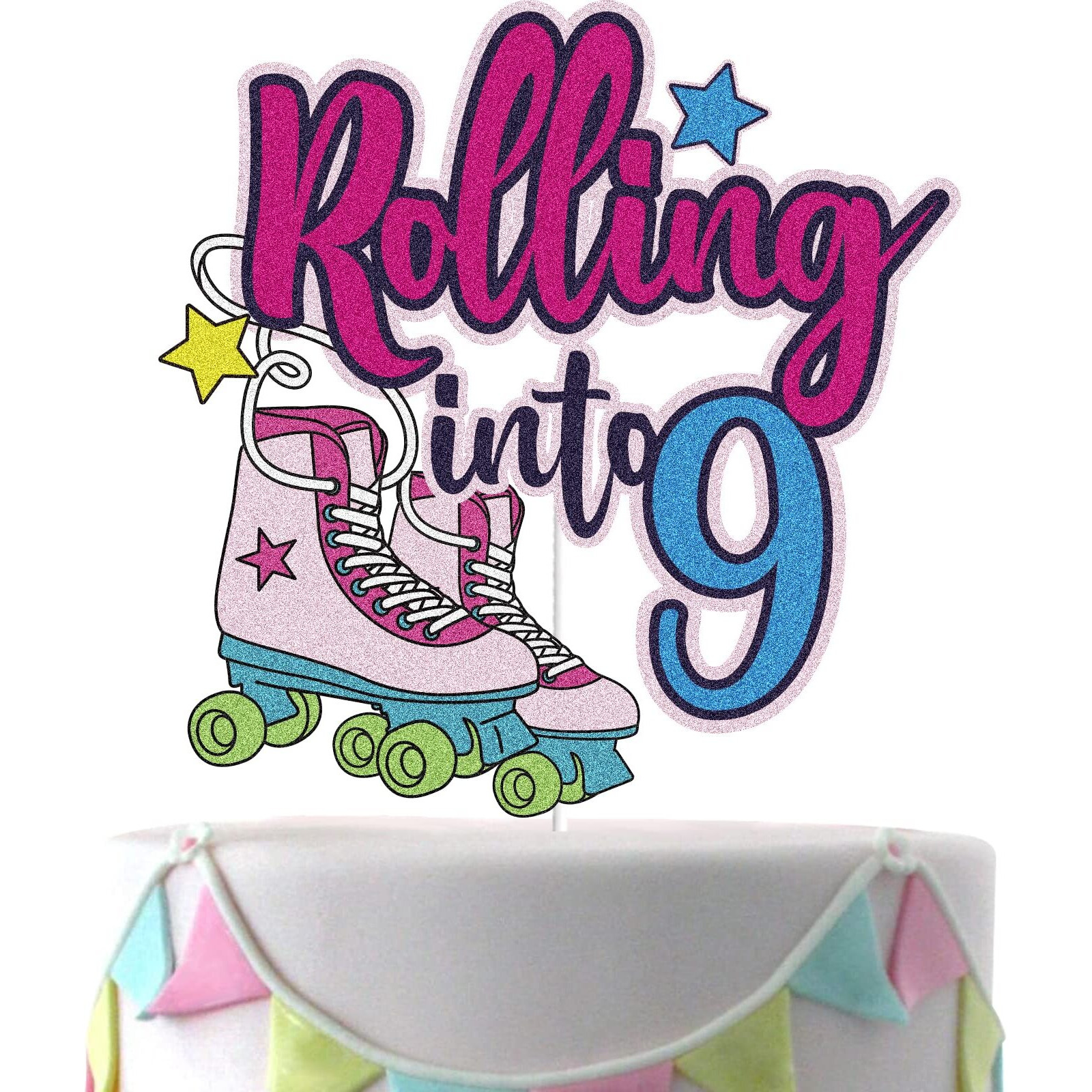 Rolling Into 9 Cake Topper Roller Skate Happy 9Th Birthday Cake Topper 9 Nine Years Old Colorful Rolling Retro Girl Club Hip Hop Theme Party Cake Decoration Supplies For Kids Girls