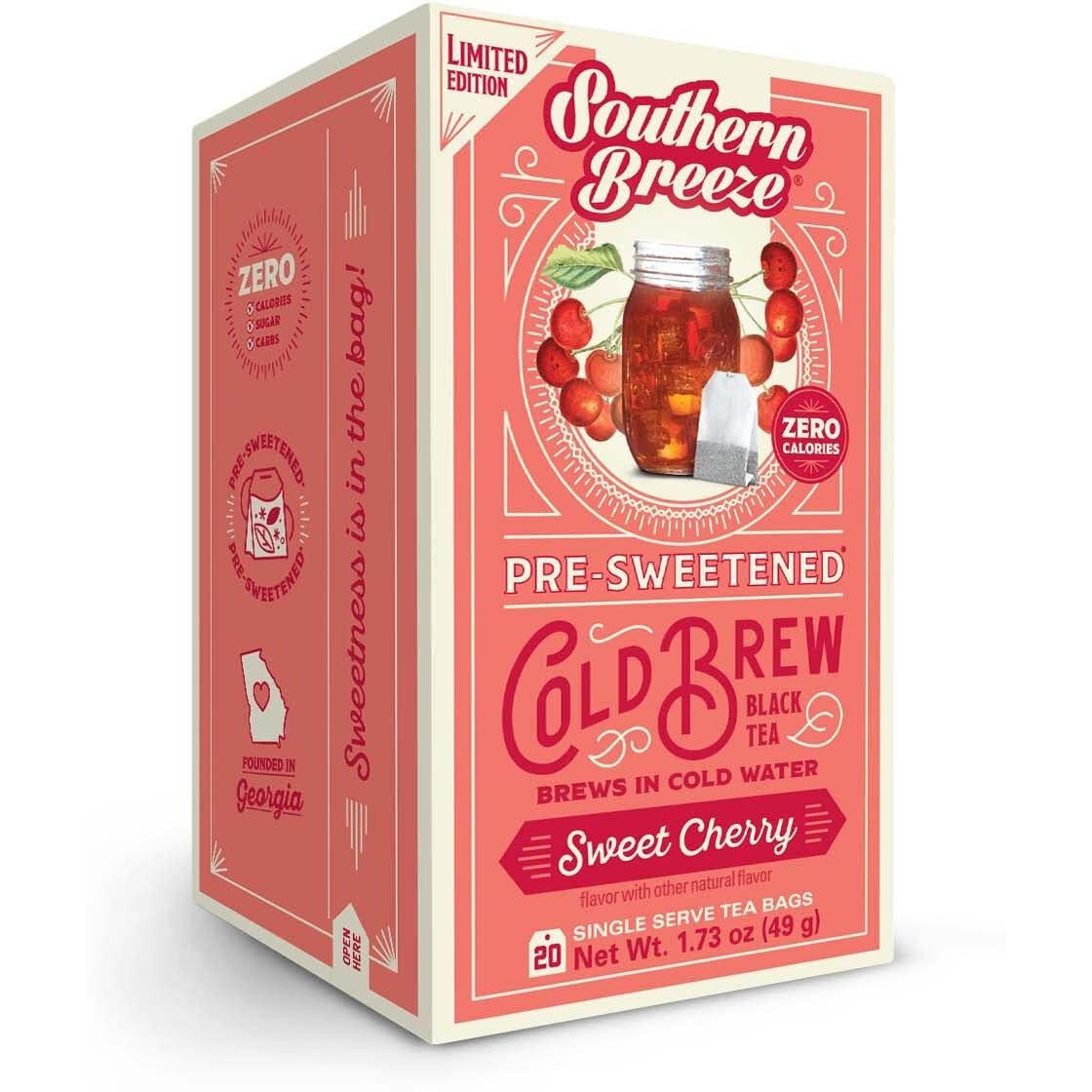 Southern Breeze Cold Brew Sweet Tea Sweet Cherry Iced Tea With Black Tea And Zero Carbs Zero Sugar, 20 Individually Wrapped Tea Bags Southern Sweet Tea Iced Tea Beverage