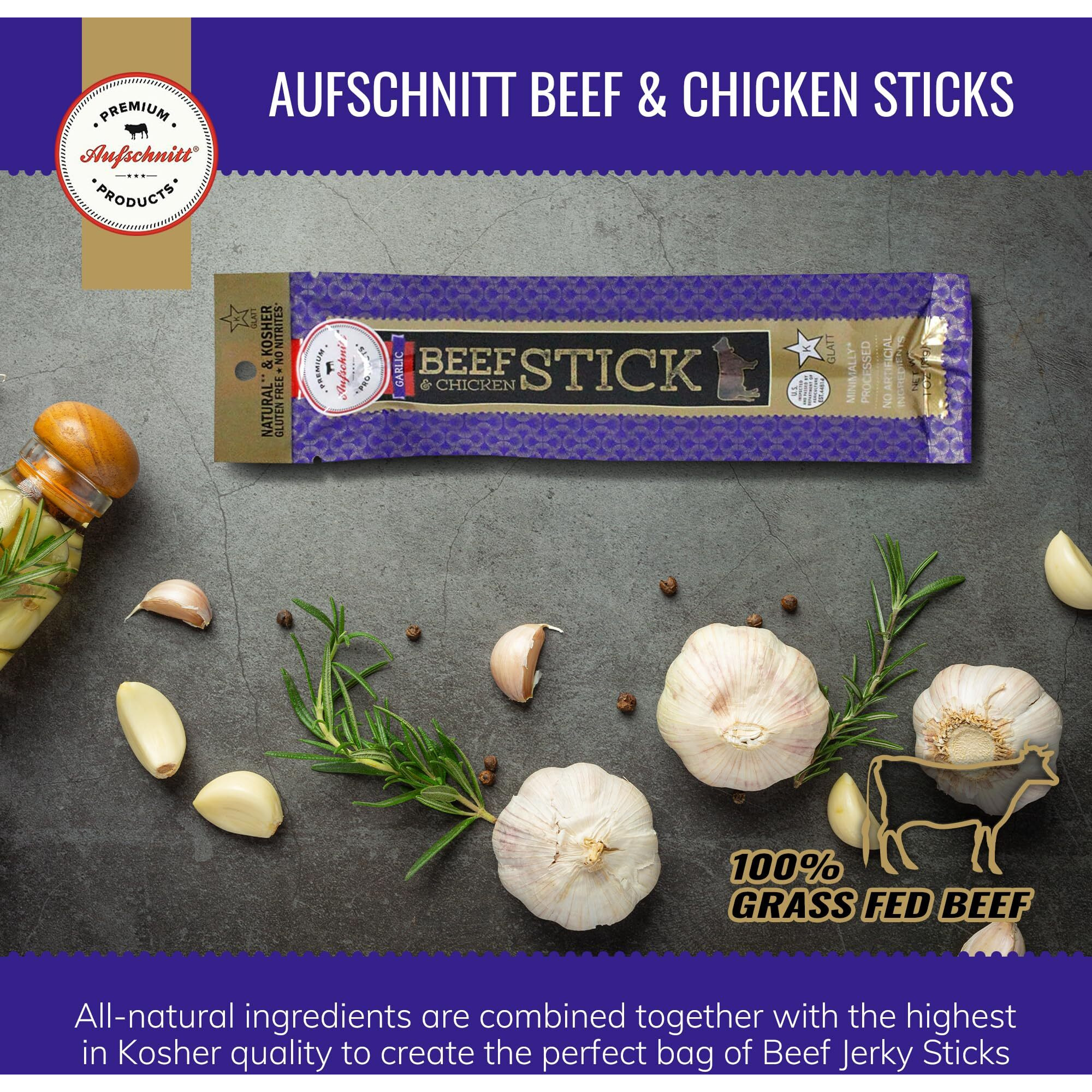 Aufschnitt Grass Fed Beef Jerky Sticks - Low Sodium, Certified Kosher - Halal And Keto Friendly - 6 Pack, Garlic