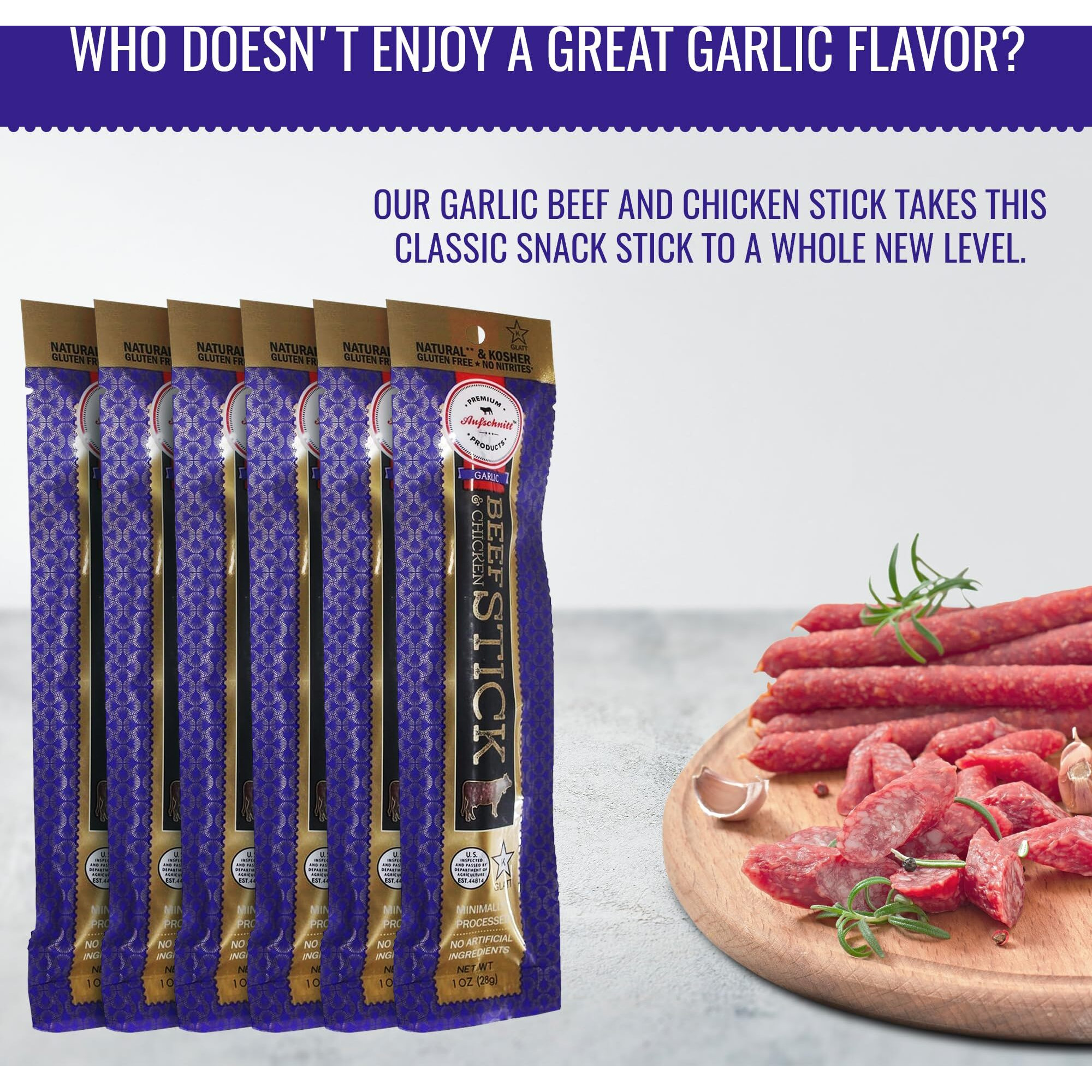 Aufschnitt Grass Fed Beef Jerky Sticks - Low Sodium, Certified Kosher - Halal And Keto Friendly - 6 Pack, Garlic