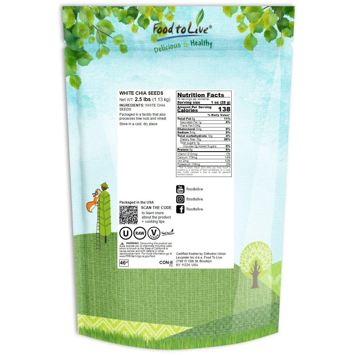 Food To Live White Chia Seeds, 2.5 Pounds - Whole, Raw, Kosher, Keto, Sirtfood, Vegan, Bulk. Rich In Omega 3, Omega 6, Fiber, Protein. Great For Chia Pudding, Yogurt, Cereals, Smoothies.