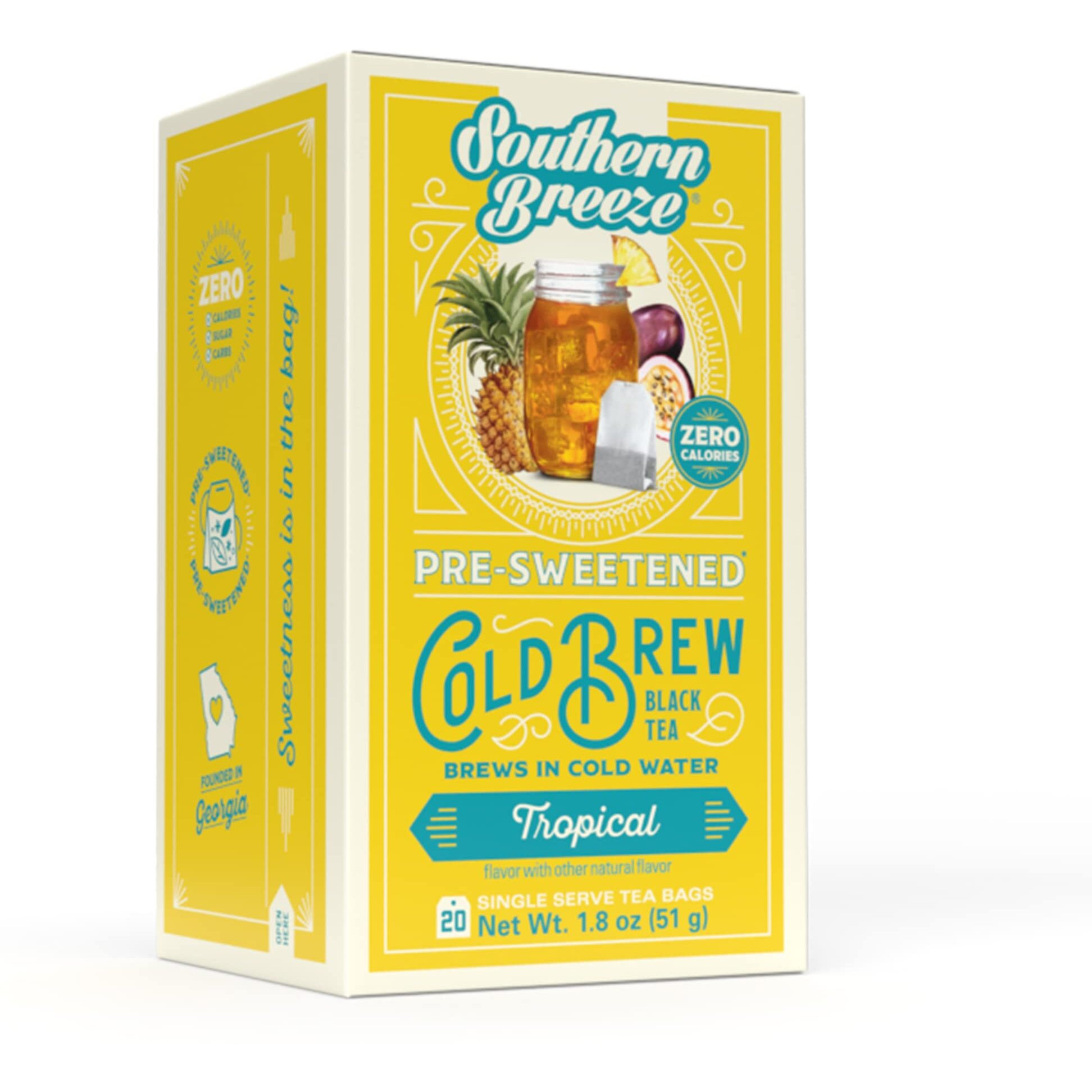 Southern Breeze Cold Brew Sweet Tea Tropical Iced Tea With Black Tea And Zero Carbs Zero Sugar, 20 Individually Wrapped Tea Bags