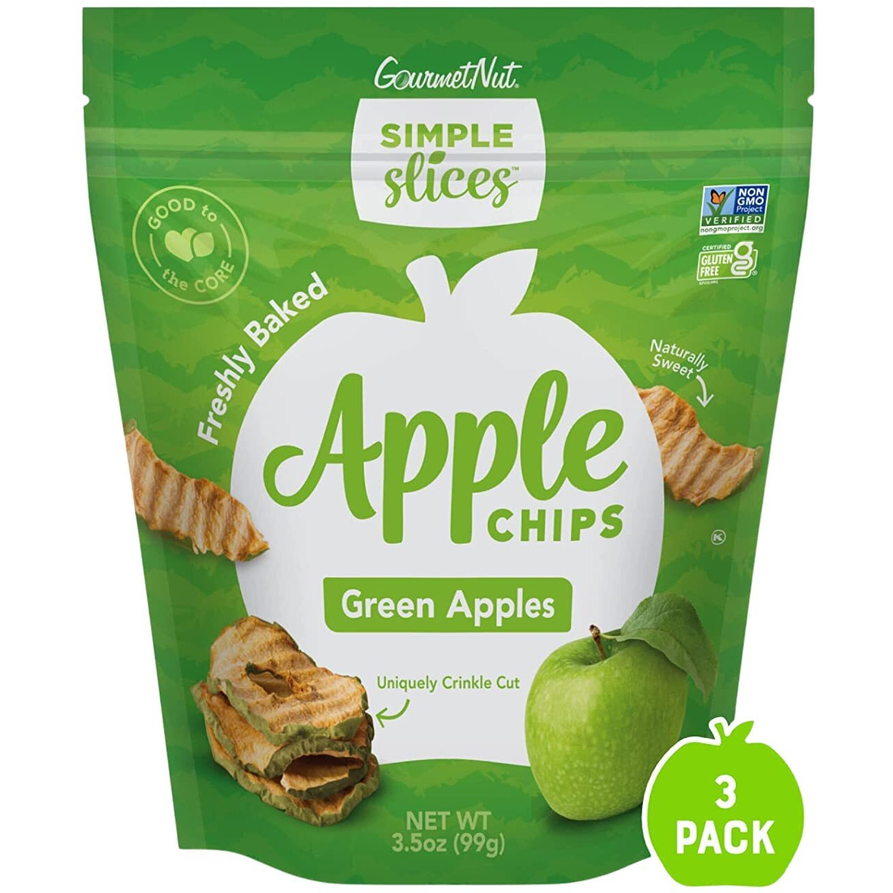 Gourmet Nut Simple Slices Baked Apple Chips, Usa Grown Sliced Dried Apples, Healthy Non Gmo Vegan Snack For Adults & Kids, Naturally Sweet, No Added Sugar, Green Apples, 3.5Oz Individual Bags, 3 Pack