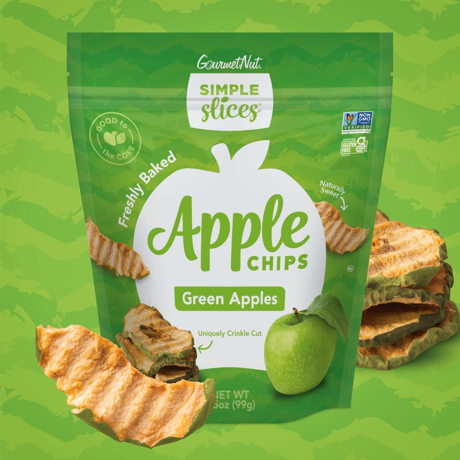 Gourmet Nut Simple Slices Baked Apple Chips, Usa Grown Sliced Dried Apples, Healthy Non Gmo Vegan Snack For Adults & Kids, Naturally Sweet, No Added Sugar, Green Apples, 3.5Oz Individual Bags, 3 Pack