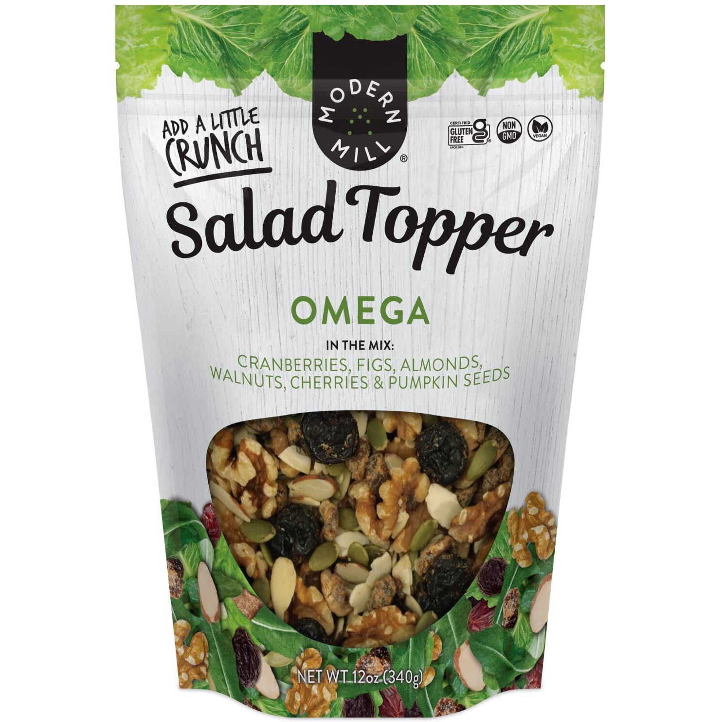 Modern Mill Omega Mixed Salad Topper By Gourmet Nut - Dried Cranberries, Figs, Roasted Sliced Almonds, Walnuts, Cherries & Pumpkin Seeds - Gluten Free, Kosher, Vegan Snack Mix - 12 Oz Resealable Bag