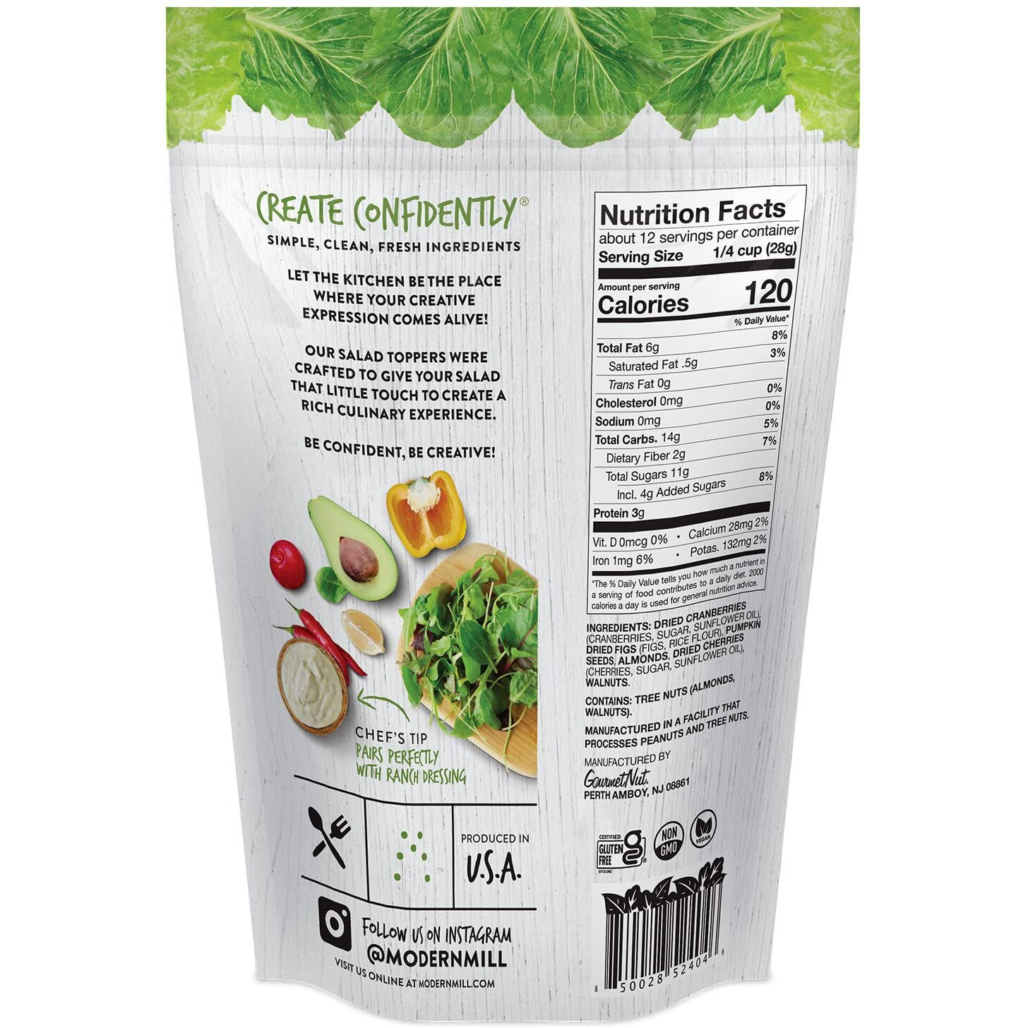 Modern Mill Omega Mixed Salad Topper By Gourmet Nut - Dried Cranberries, Figs, Roasted Sliced Almonds, Walnuts, Cherries & Pumpkin Seeds - Gluten Free, Kosher, Vegan Snack Mix - 12 Oz Resealable Bag