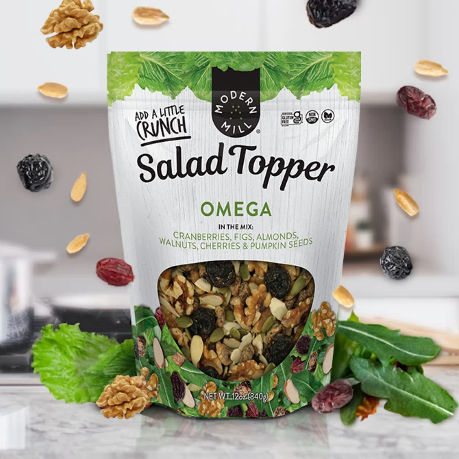 Modern Mill Omega Mixed Salad Topper By Gourmet Nut - Dried Cranberries, Figs, Roasted Sliced Almonds, Walnuts, Cherries & Pumpkin Seeds - Gluten Free, Kosher, Vegan Snack Mix - 12 Oz Resealable Bag
