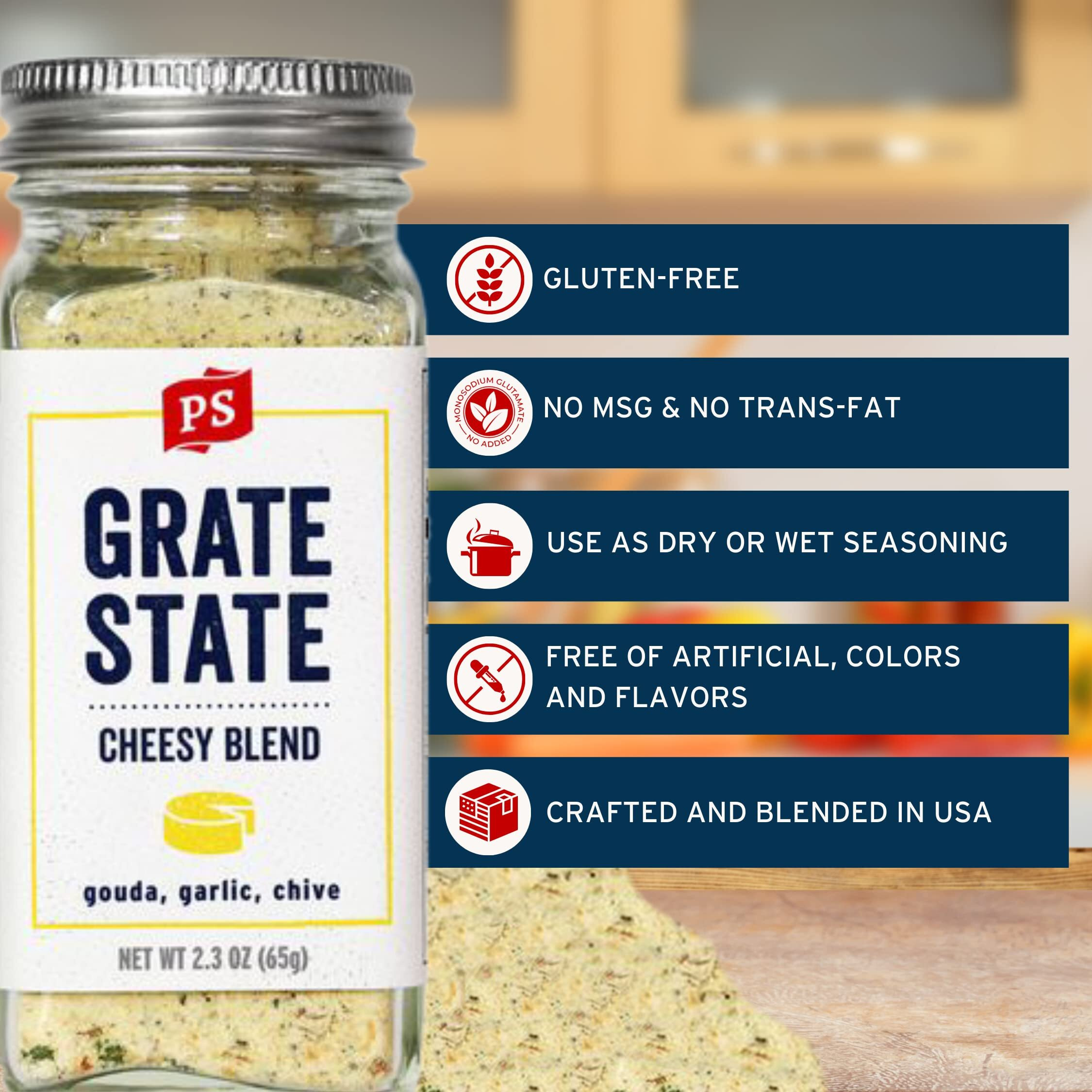 Ps Seasoning Grate State- Cheesy Seasoning Blend, All-Purpose Cheese Seasoning For Popcorn, Nachos, & Garlic Bread, Cheese Flavor Seasoning With Gouda, Garlic & Chives