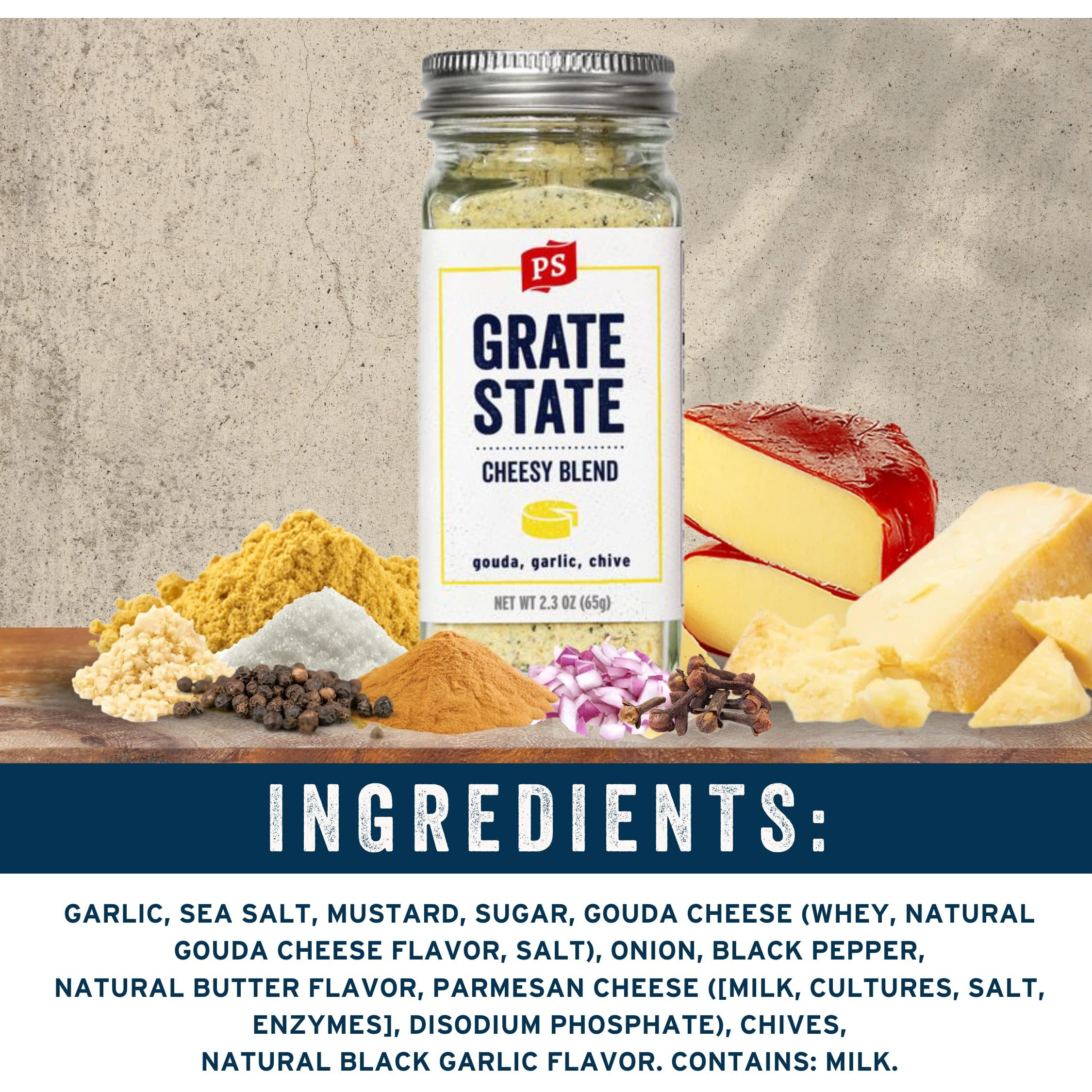Ps Seasoning Grate State- Cheesy Seasoning Blend, All-Purpose Cheese Seasoning For Popcorn, Nachos, & Garlic Bread, Cheese Flavor Seasoning With Gouda, Garlic & Chives
