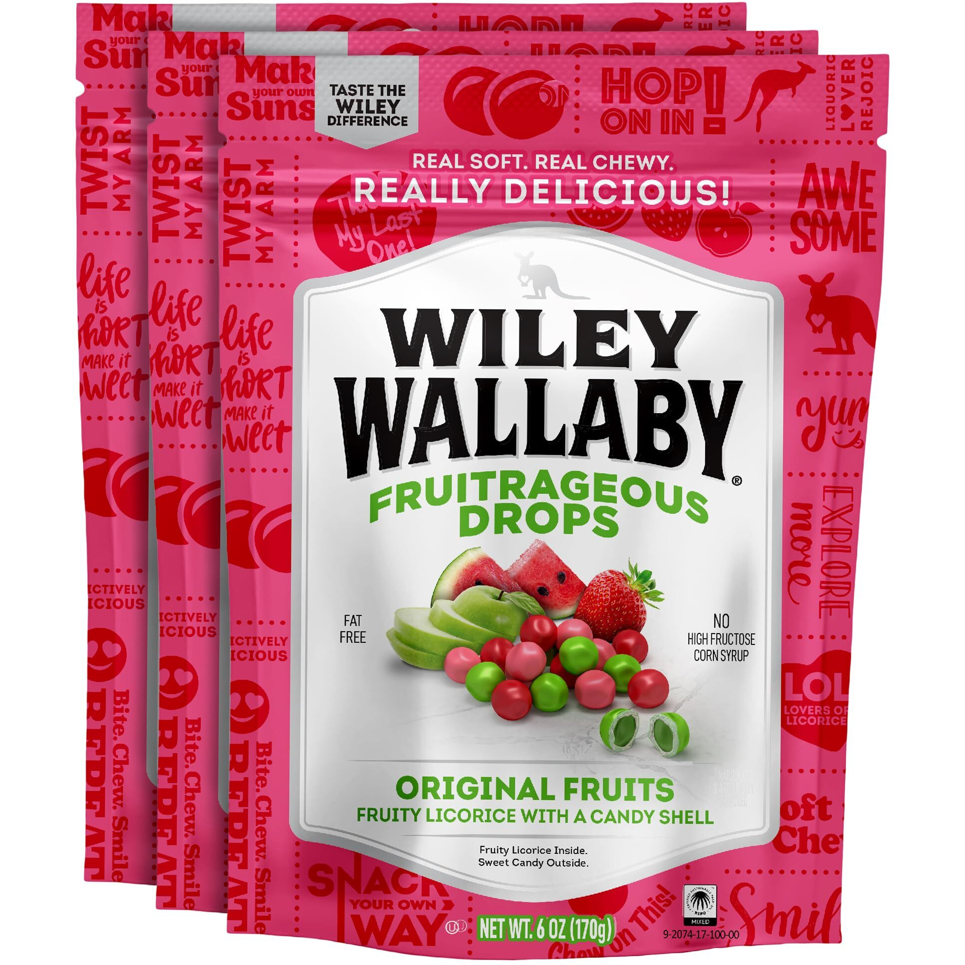 Wiley Wallaby 6 Oz. Fruitrageous Drops Original Fruits Gourmet Australian Style Soft & Chewy Licorice Candy Drops, 3 Pack