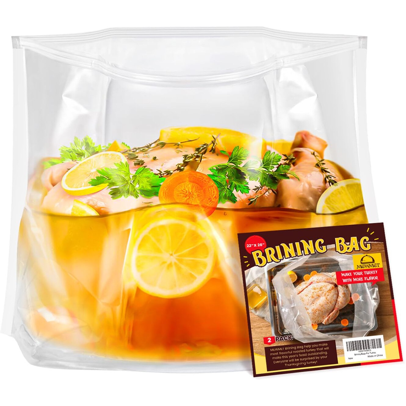 Mewmet Brine Bags For Turkey, 26""  22"", 3 Pack, Double Zipper Lock Thicker Brining Bags With 2 Cotton Strings, Holds Up To 35Lb, Extra Large Brine Bag Fits For Turkey, Chicken, Beef, Fish, Lamb, Pork