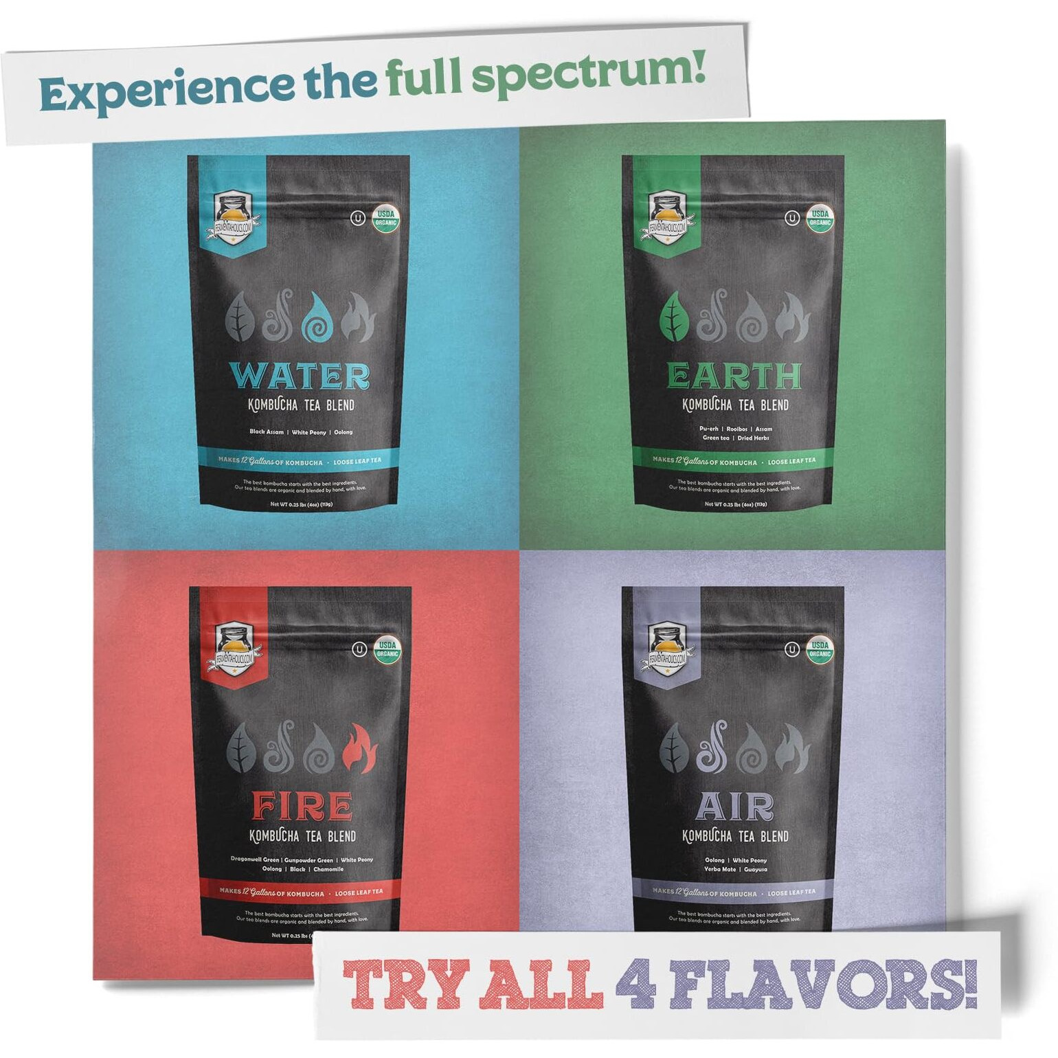 Fermentaholics - Element Kombucha Tea Blends | Usda Certified Organic Kombucha Tea Blend | Kosher Certified (Water Blend)