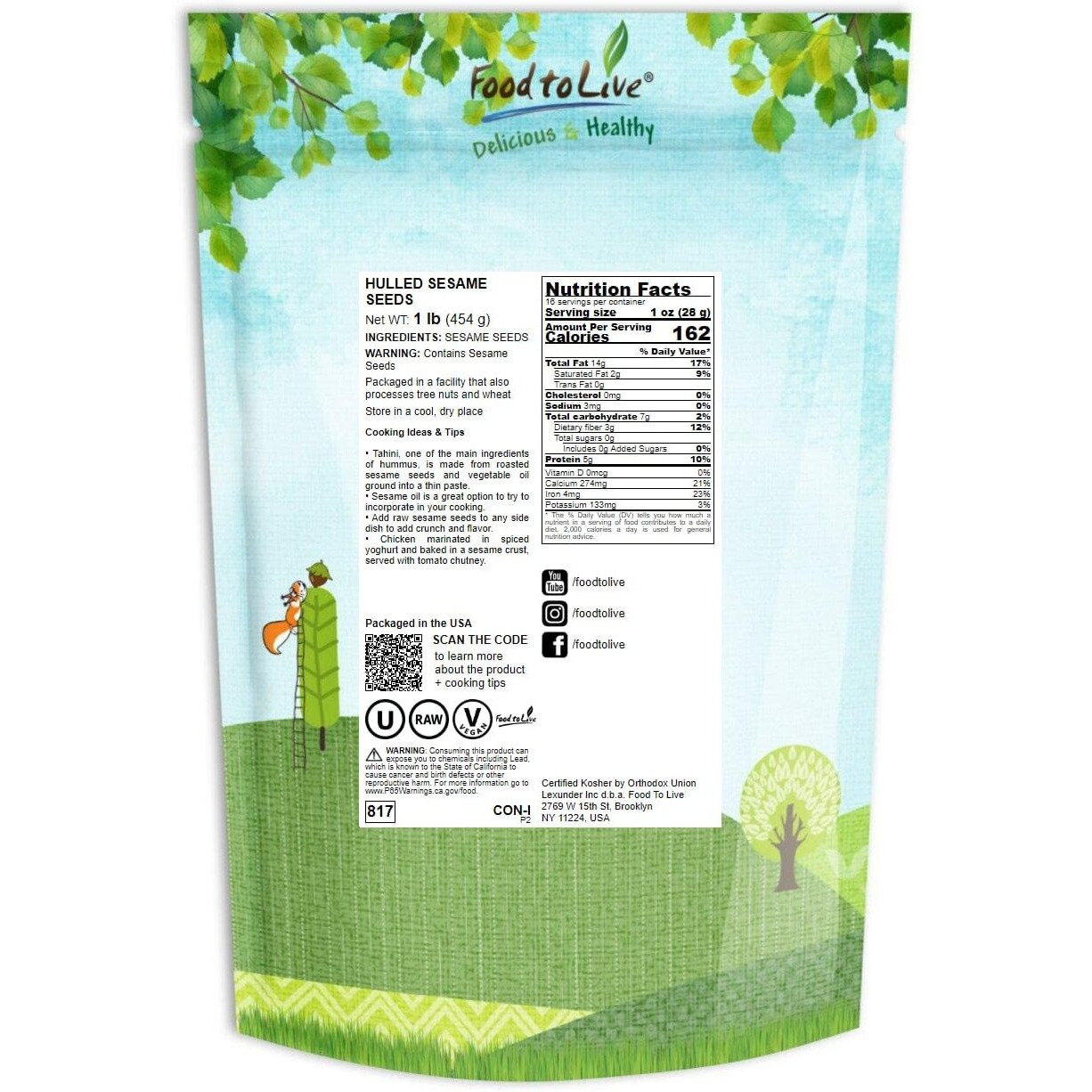 Hulled Sesame Seeds, 1 Pound - Non-Gmo Verified, Whole Raw White Sesame Seeds, Kosher And Vegan, Unroasted, Bulk Sesame. High In Magnesium, Iron, And Calcium. Perfect For Tahini Paste