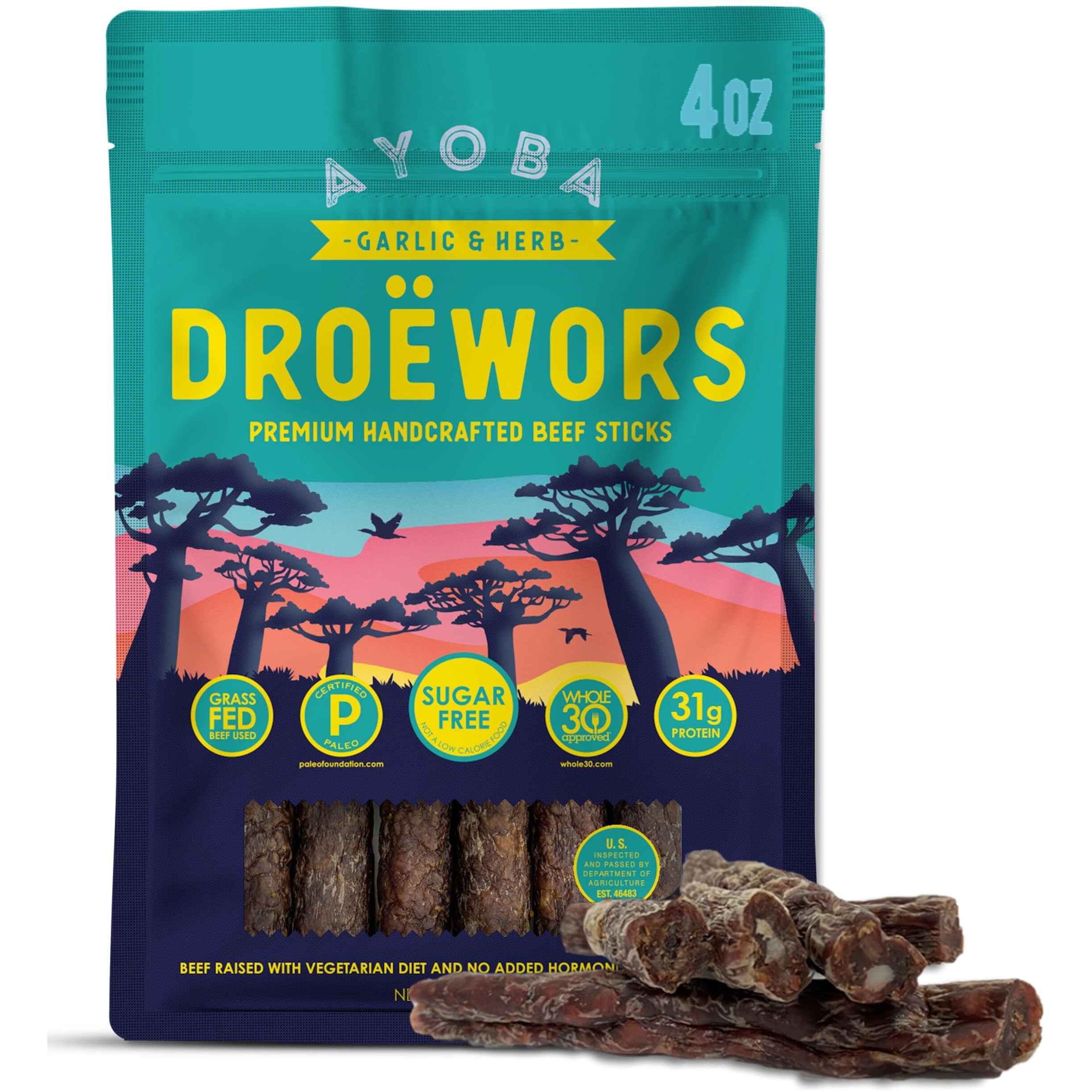 Ayoba Garlic Droewors Grass Fed Beef Paleo Sticks (4 Ounce, Pack Of 1) Keto Friendly, Air-Dried Grass Fed Beef Snack - Gluten Free, Nitrate Free, No Sugar, Meat Snacks